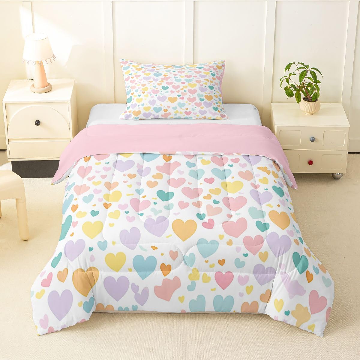 Erosebridal Girls Heart Pattern Twin Bedding Set Rainbow Heart Comforter Set for Kids Girls Kawaii Valentine Theme Comforter Cartoon Geometric Duvet Insert