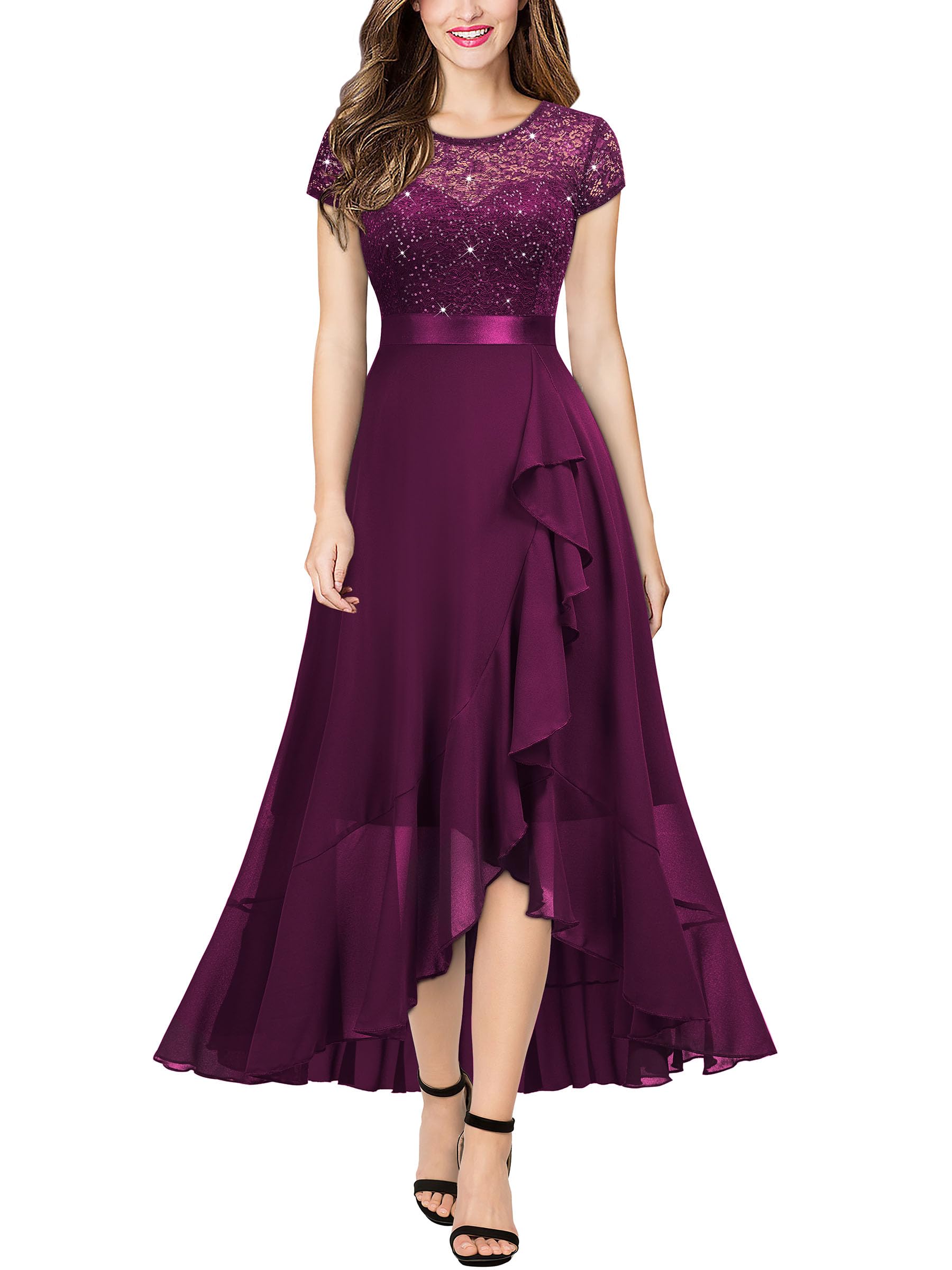 Women's Elegant Floral Lace Ruffle Evening Formal Wedding Guest Party Maxi Dress