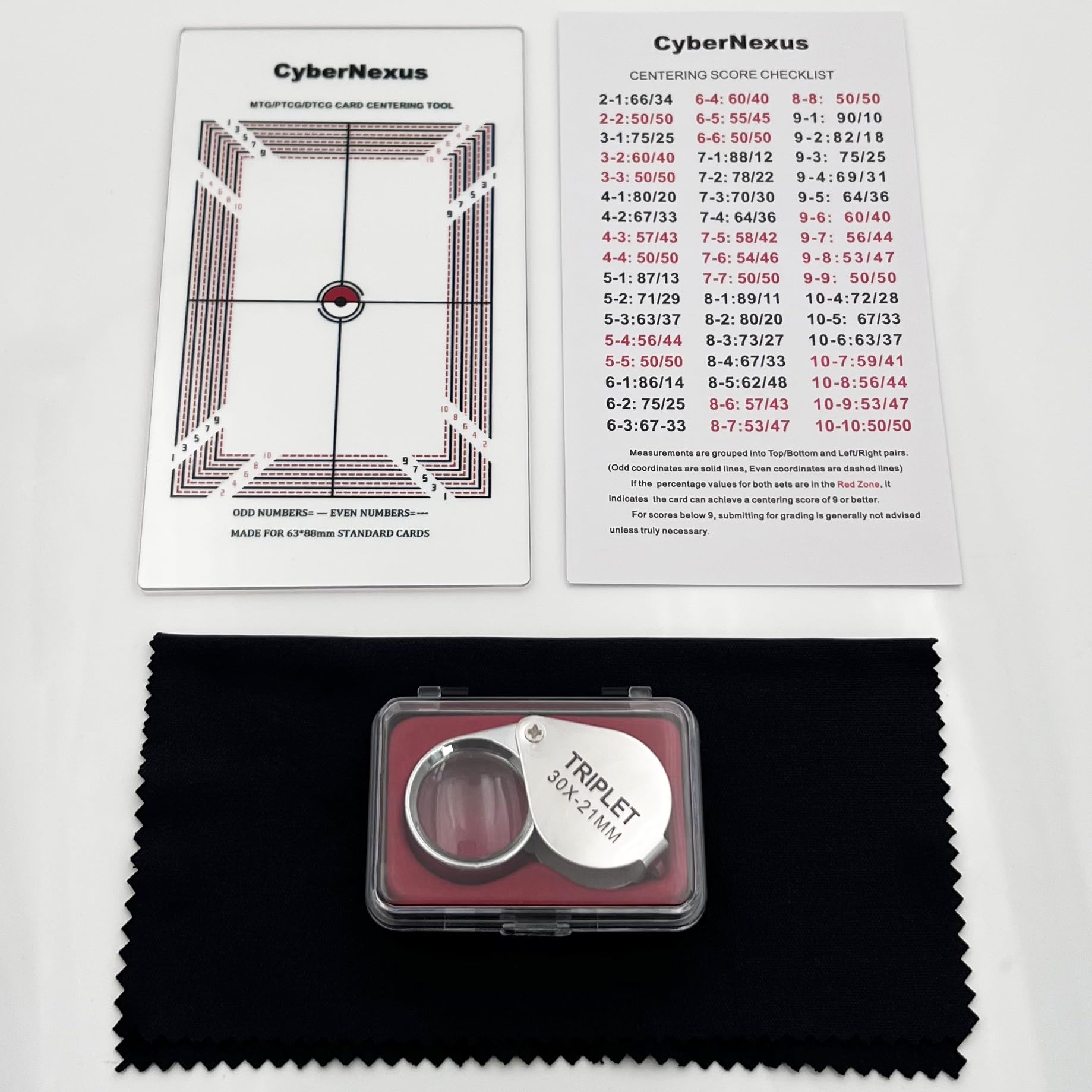 Strumento per il centro di classificazione delle carte per Pokemon, strumenti di misurazione delle carte collezionabili, viene fornito con kit di panno di pulizia e strumento di ingrandimento 30X per