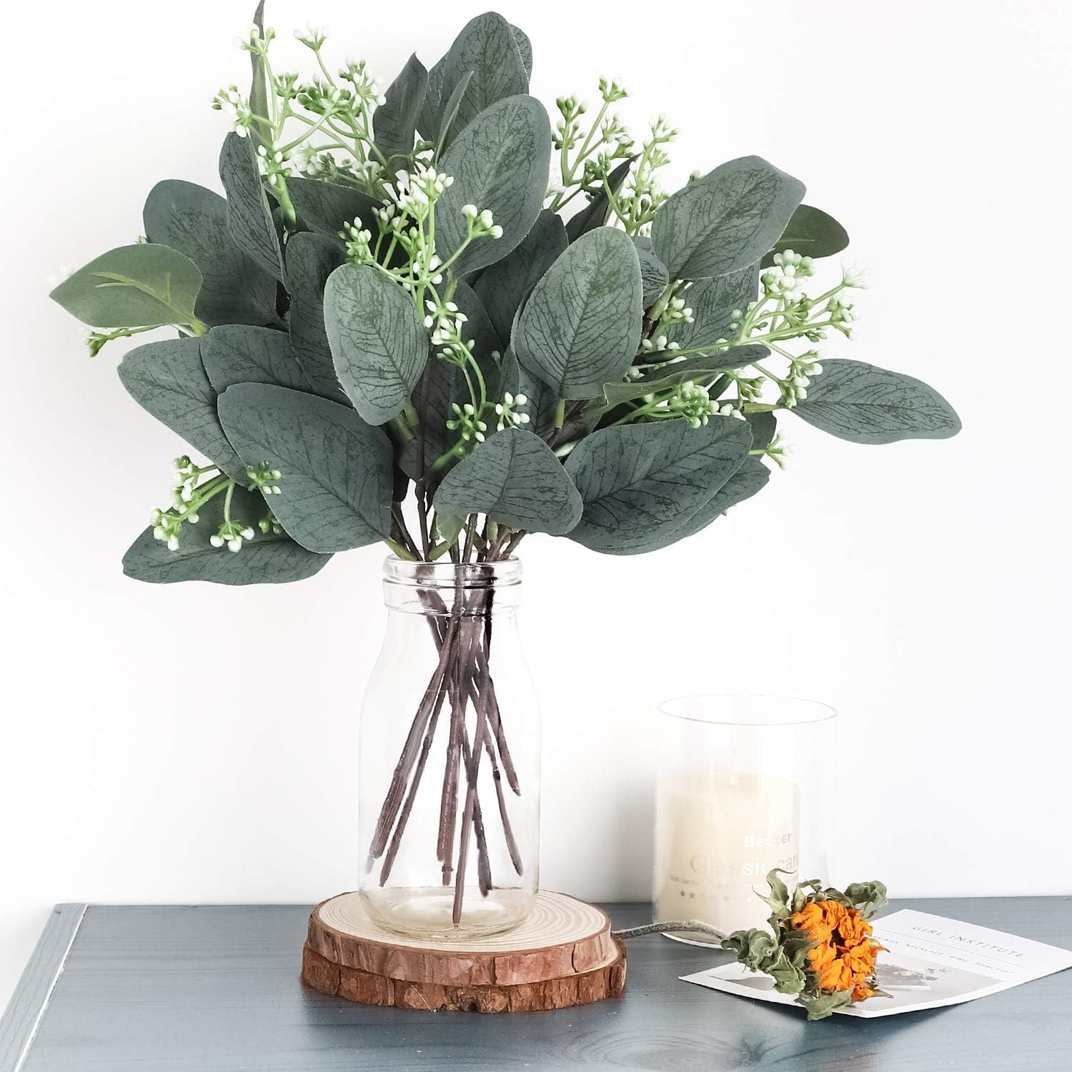 artificial eucalyptus stems leaves for decoration, faux green foliage stems for vase that look real (1, slender)