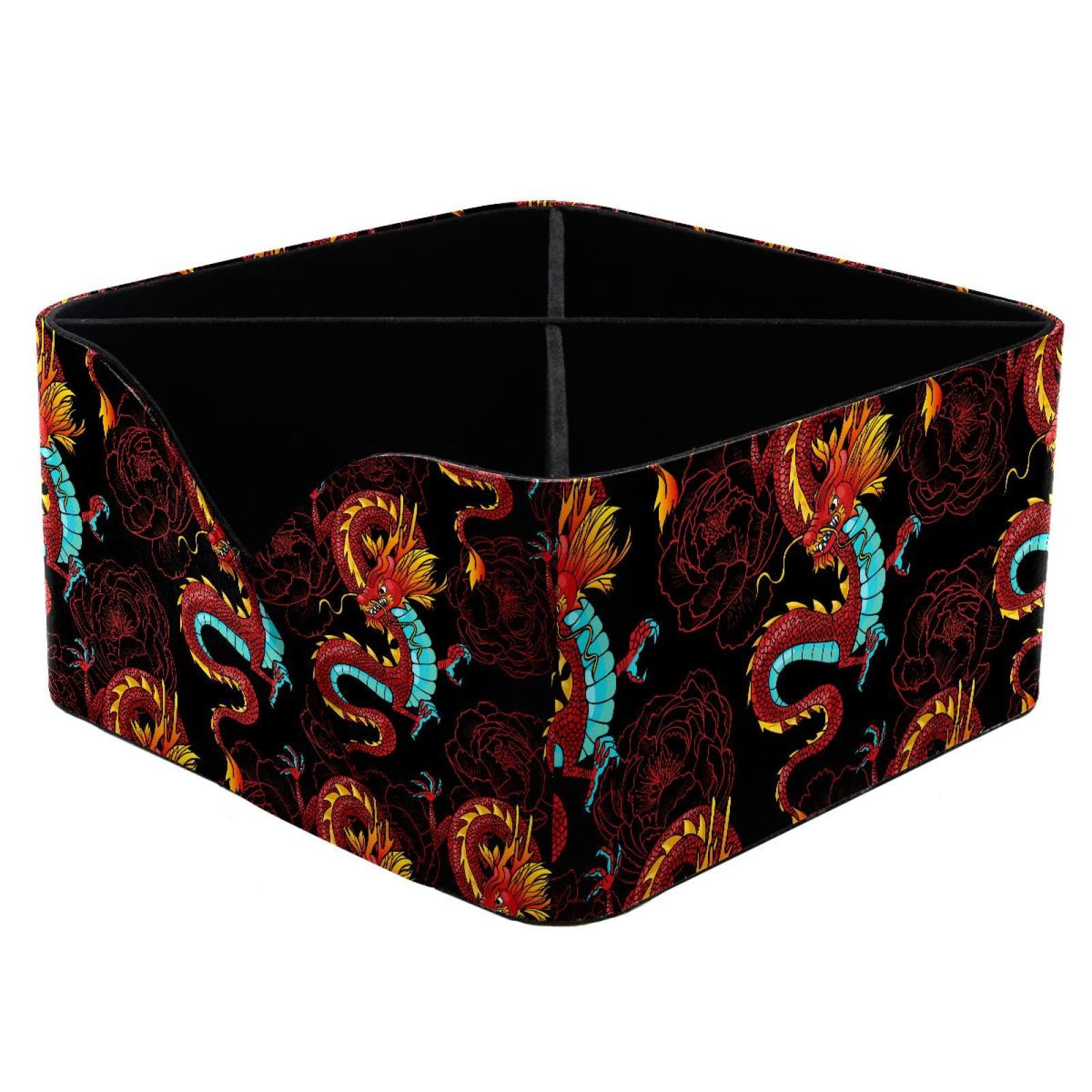 KengjuTesu Chinese Dragons and Peonies Pattern Desktop Organizer Pen Holder, Rectangular Pencil Cup for Office, Study and Makeup Stations