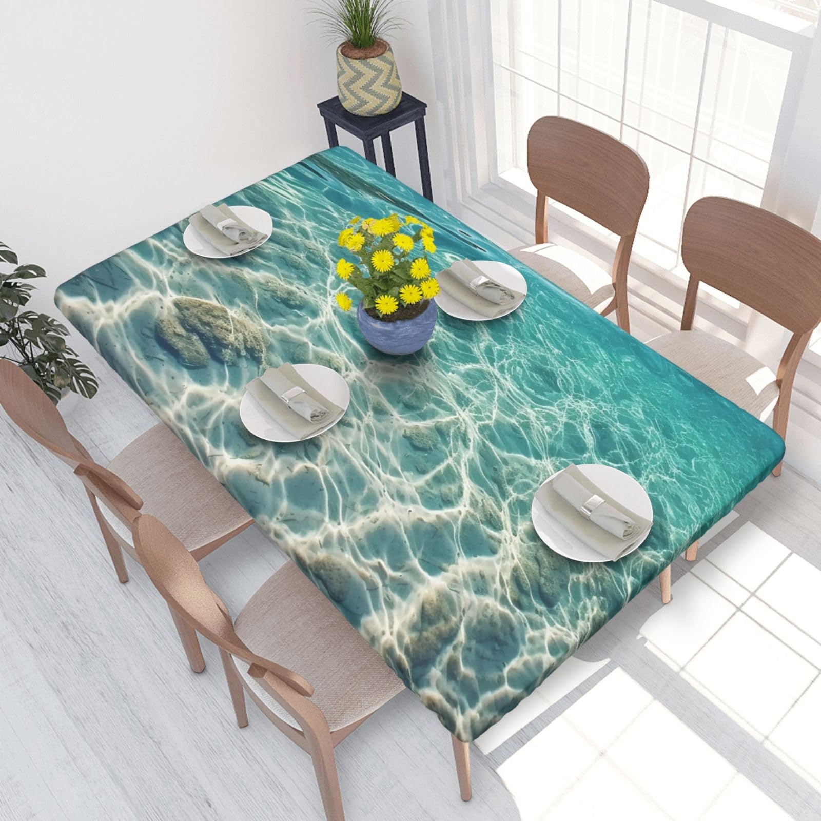 Clear Sea Water Waterproof Square Table Cover Elastic Fitted Tablecloth Oil Proof Table Protector For 4ft Table