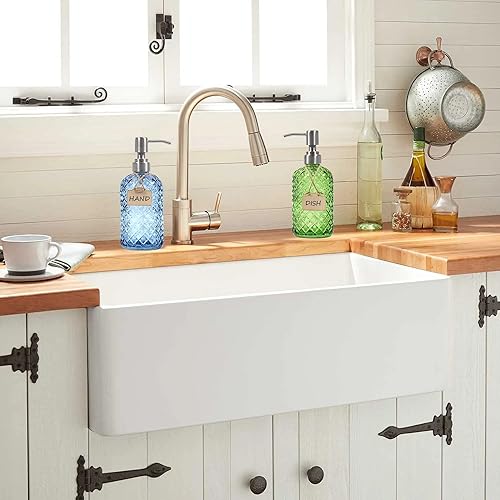 Miniatura 3 de Funly mee Dispensador de jabón para manos y platos de vidrio para baño y cocina con bomba de acero inoxidable 304 (azul)