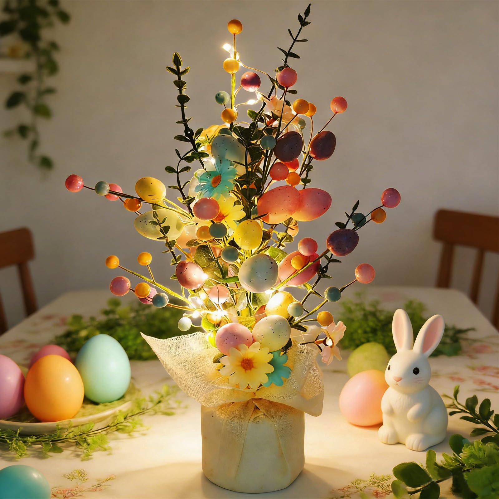 YOUYIKE 40cm Osterzweige für Ostereier Modern Osterzweige Künstlich Deko Innen Tisch Ostergesteck mit LED Beleuchtung Osterstrauch für Frühlingsdeko