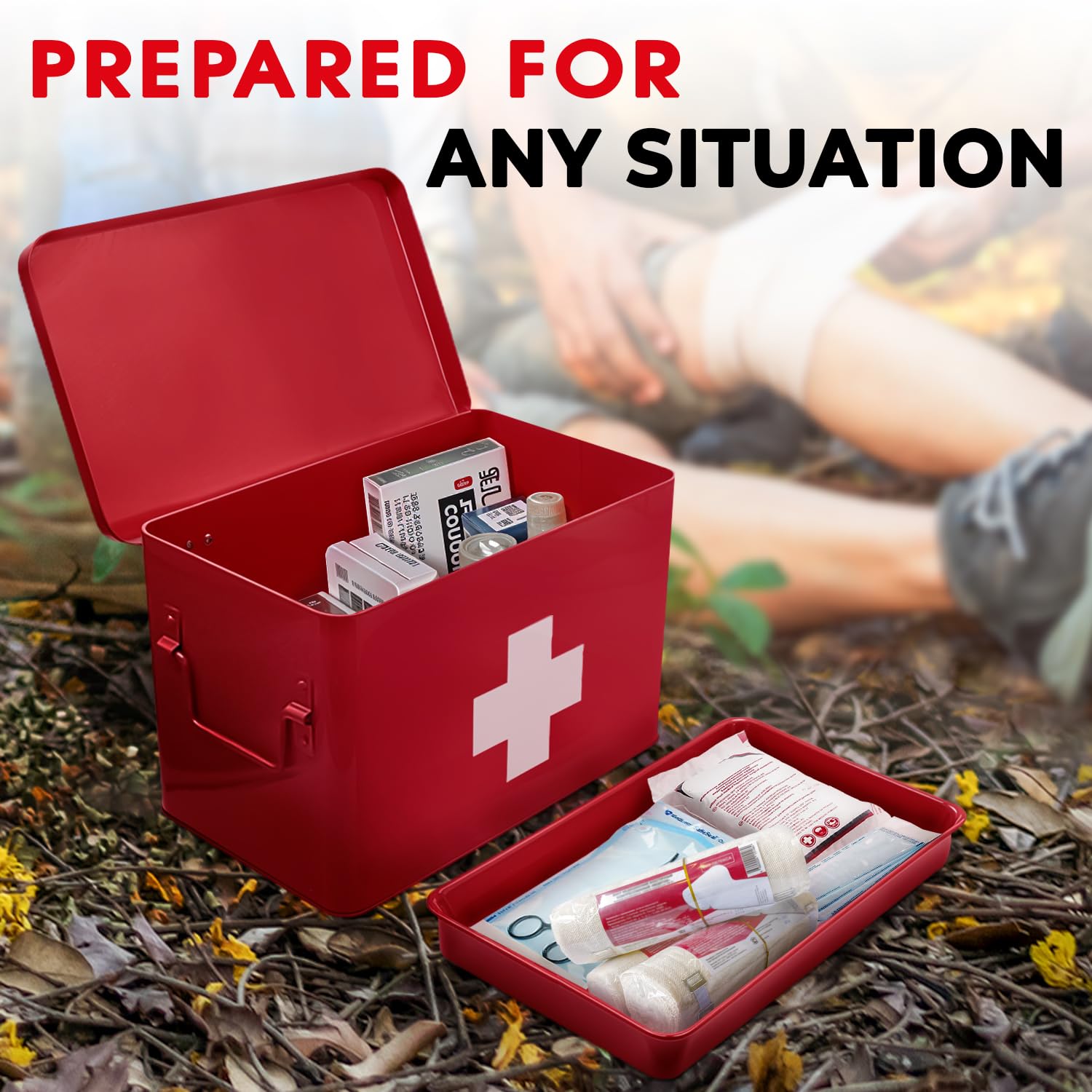 Plexon Contenitore per forniture di primo soccorso, latta di stoccaggio di medicine in metallo da 21,6 cm, organizer per pronto soccorso, kit di pronto soccorso rosso