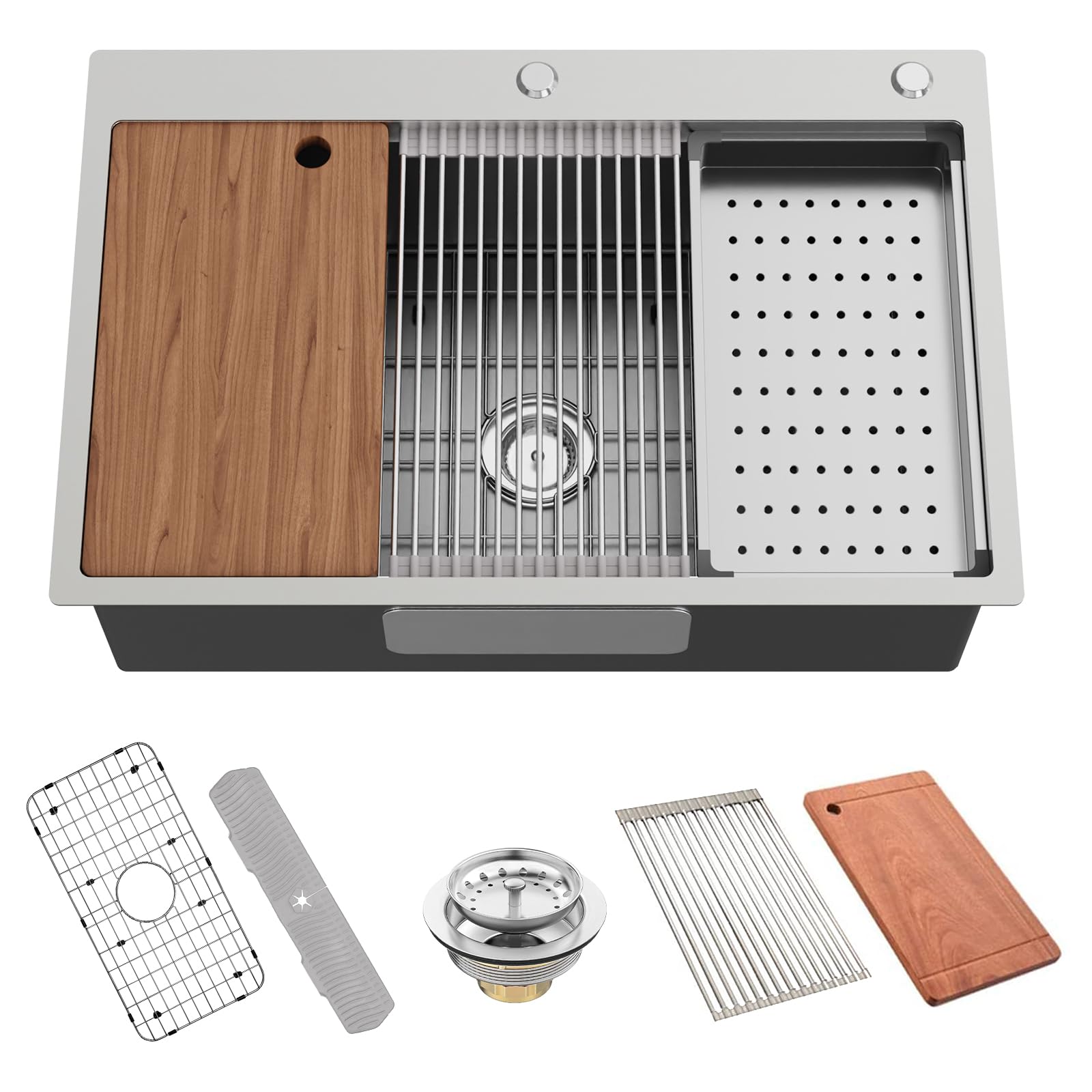 Kitchen Sink Workstation, 33x22 Inch Stainless Steel Drop In Kitchen Sink Modern Large Single Bowl Kitchen Sink Gift Combo-SS Grid,Drying Rack,Colander,Cutting Board,Silicone Mat, Drain Strainer Set