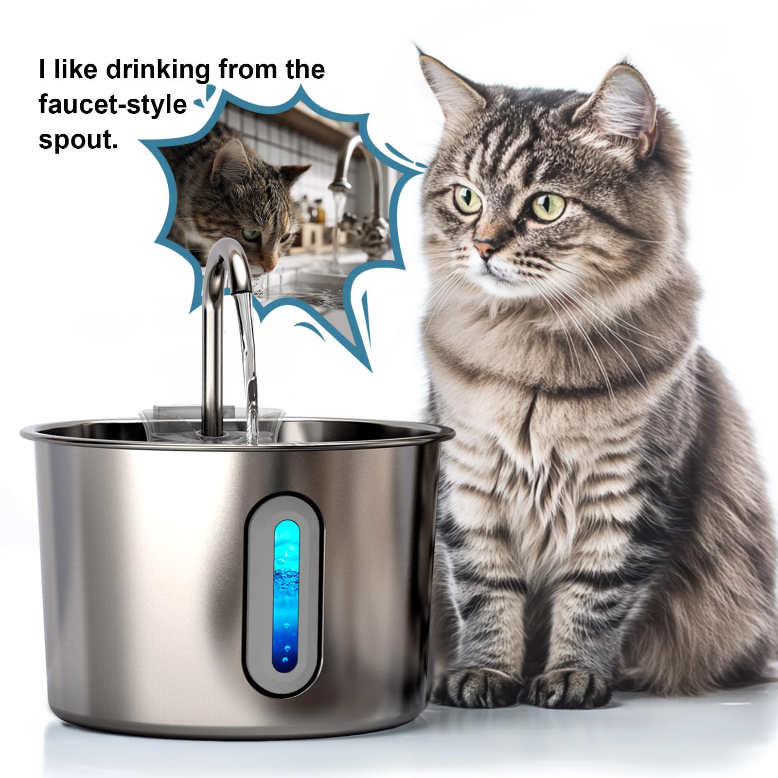 Fuente de agua para gatos, fuente de agua para gatos de 74 onzas/2.2 L para beber – Fuente de agua para mascotas de acero inoxidable para gatos en el interior – Dispensador silencioso de cuenco