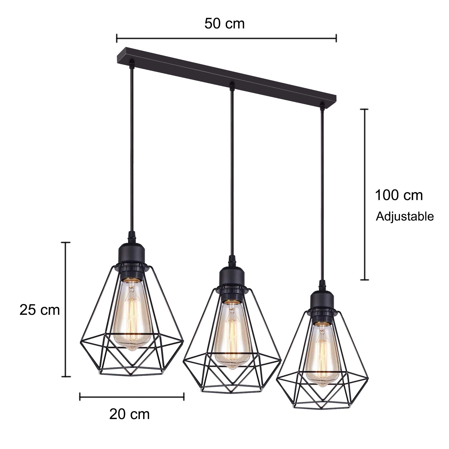 IDEGU Industrielle Pendelleuchte, 3 Flammig, Schwarz, Metall-Käfig-Design, E27, 20 Cm – Für Wohnzimmer & Bar