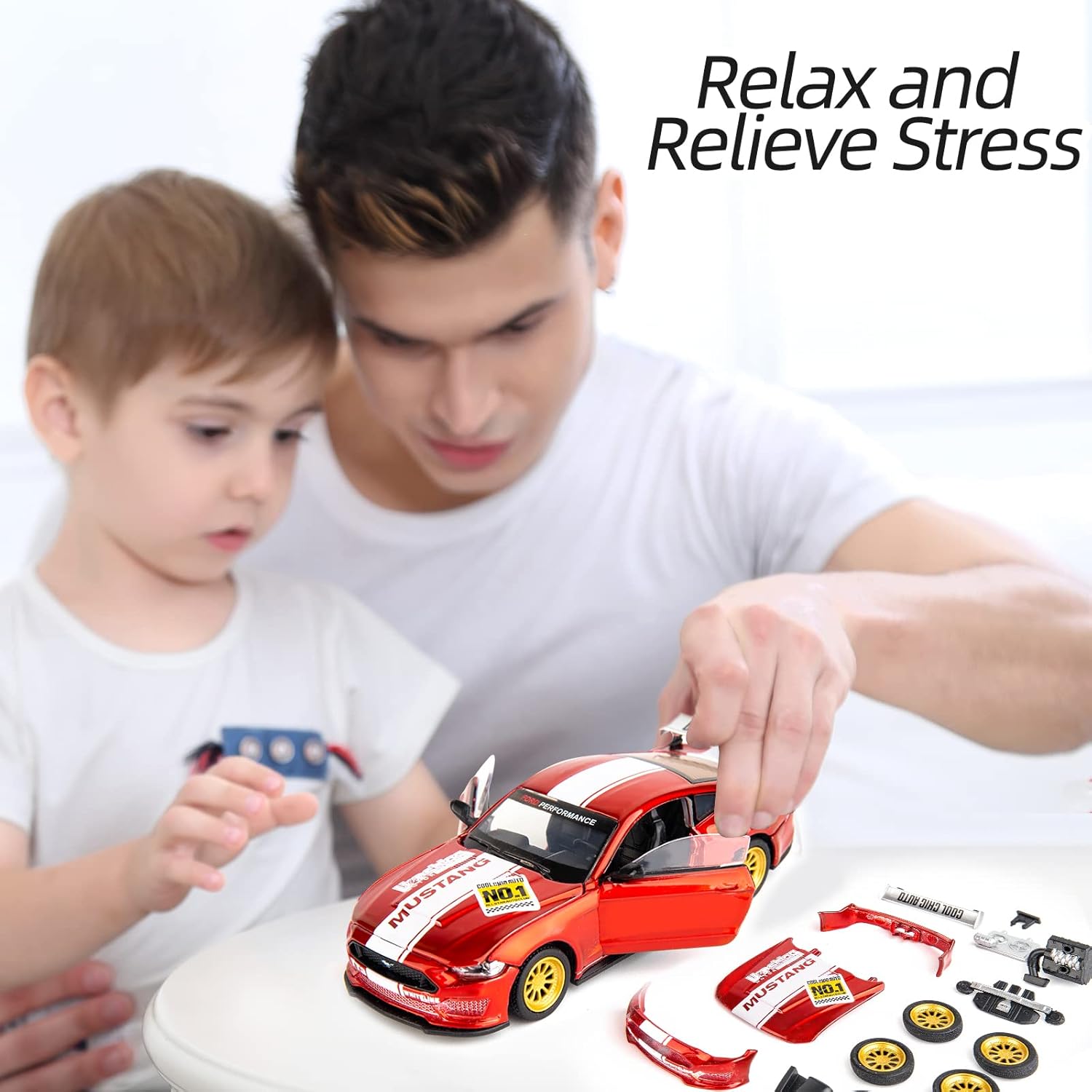 TGRCM-CZ 1/42 Ford Mustang Model, DIY Car Kit, Educational Building Toy, Children's Gift, Red