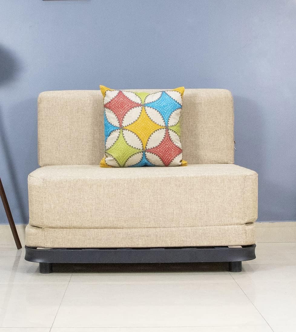 uberlyfe Sofa Cum Bed with Metal Frame - Perfect for Living Room - Jute Fabric Washable Cover & Metal Frame with 1 Cushion(Jharokha Pattern) - Beige | 3' X 6' Feet