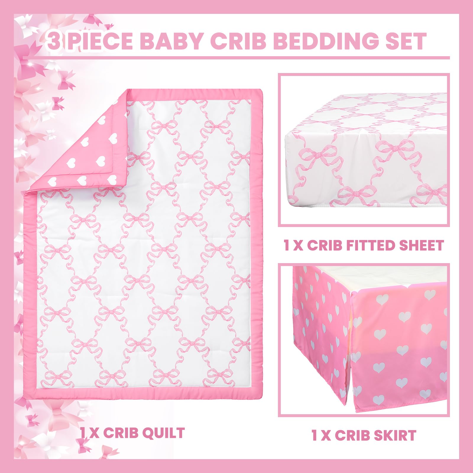 Hahafelt Juego de ropa de cama de 3 piezas para cuna de bebé, coqueta con lazo rosa, para niñas, coqueto, lazo de corazón rosa, incluye edredón, sábana bajera ajustable y falda