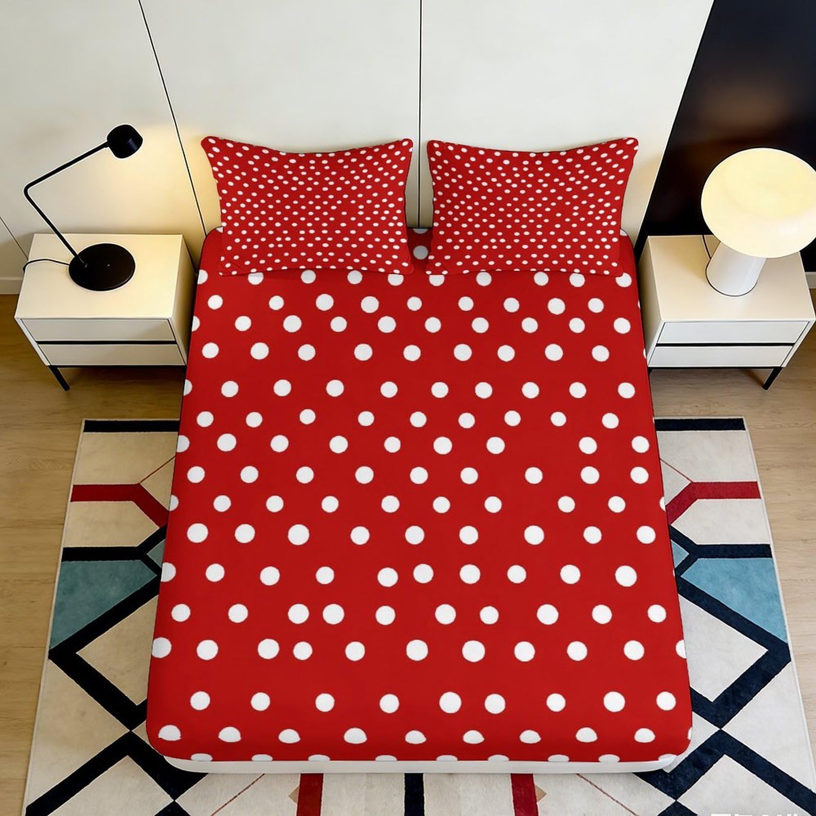 3D Printed Red Polka Dot Fitted Sheet Microfiber Soft Bedroom Decor White Spot Mattress Cover for Home Dorm 90x200x25cm