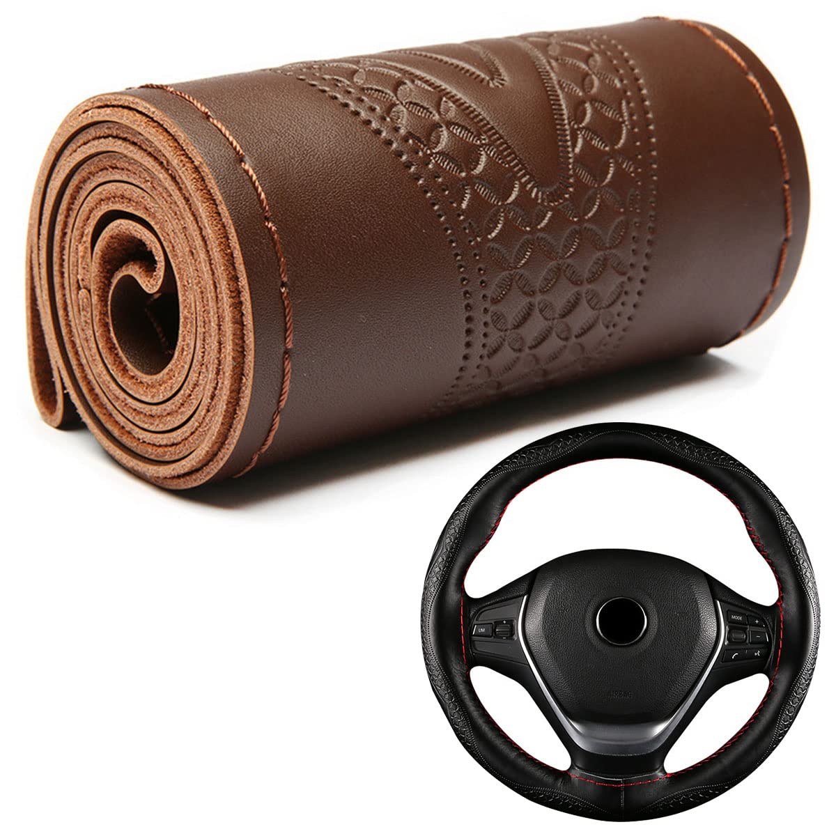 DEEYOTA Car Steering Wheel Cover Universal Fit Round Stitch Steering Wheel Wrap Thin PU Leather Steering Wheel Cover Sewn on 15" Car Wheel (Coffee)-image-38