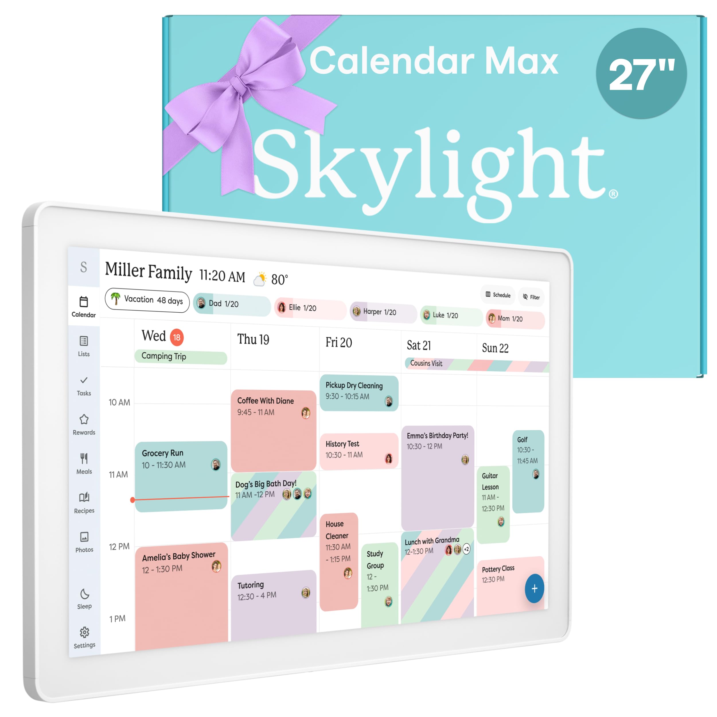 Skylight Calendar Max: 27-Inch Smart Digital Calendar & Chore Chart, Family Organizer with Interactive Touchscreen Display – Wall Mountable in Portrait or Landscape, Classic White Frame (Bilingual English/French Edition)