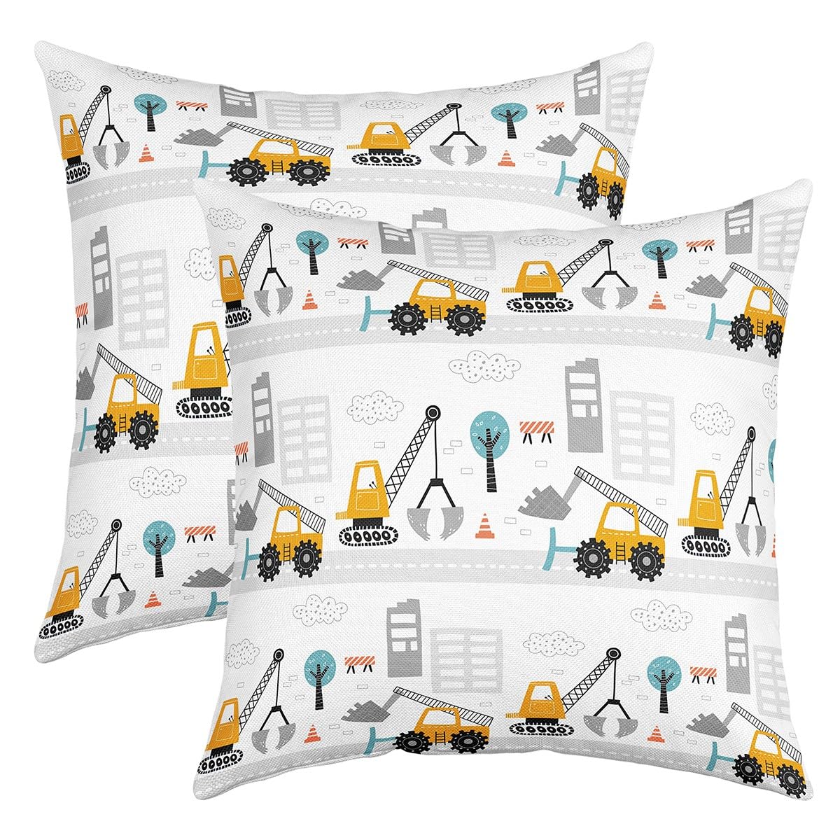 Homemissing Multicolored 12 Construction Vehicles Square Cushion Covers Set Of 2 Set 16X16 Inch Excavator Reversible Throw Pillow Covers For Kids Decor Equipment Trucks Pillow Covers Home Decor Cartoon Car