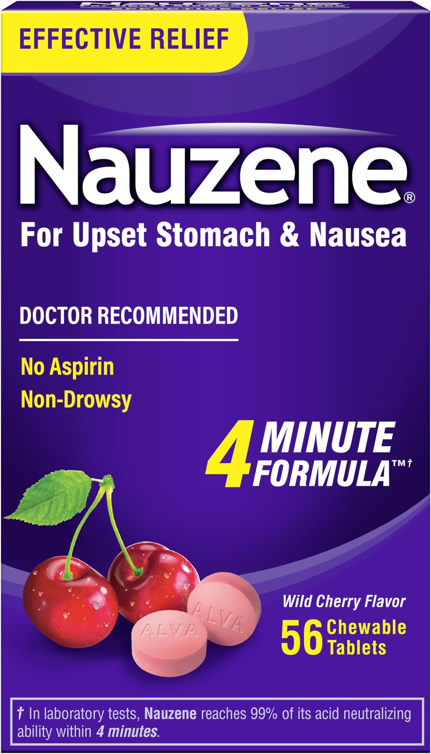 Nauzene Non-Drowsy Upset Stomach & Nausea Relief Chewable Tablets | 4-Minute Formula | Doctor Recommended | Wild Cherry Flavor | 56 Count