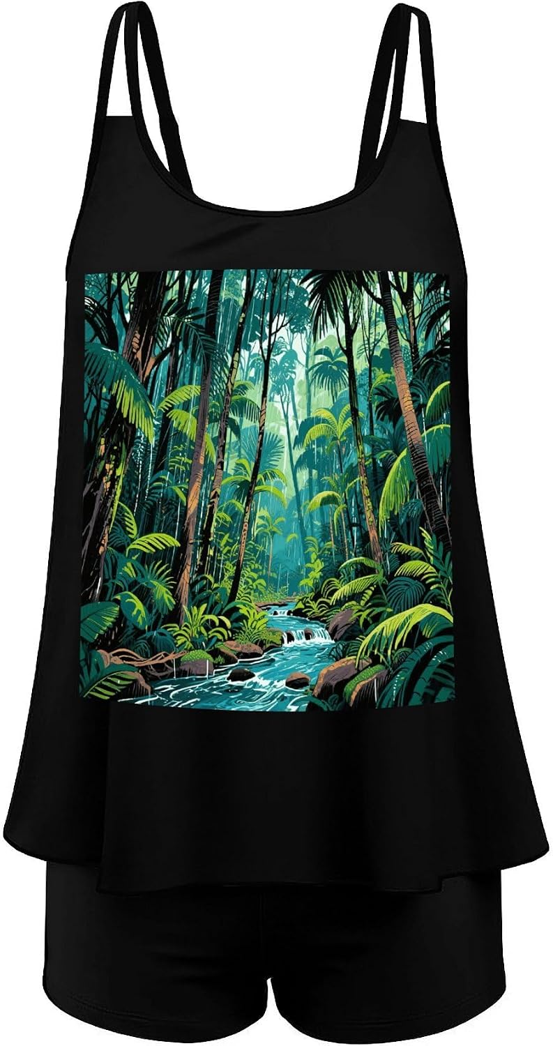 Tropical Rainforest Tankini Swimsuits for Women Tummy Control Two Piece Bathing Suits Swim Tops with Boy Shorts