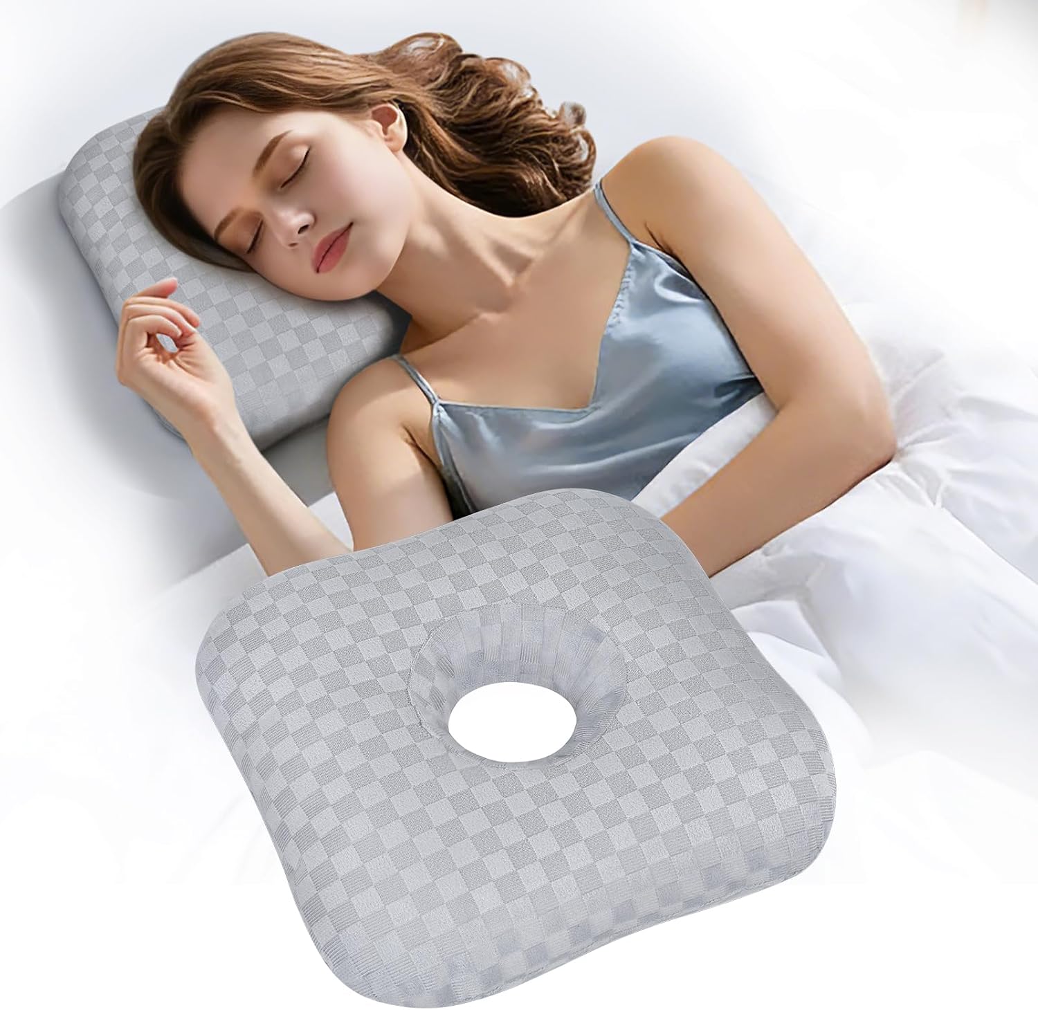 Ear Piercing Pillow with Comfort Hole for Side Sleepers,Relief from Ear Pain and Pressure After Piercing or Surgery,Soft Contour Sleeping Pillow (Light Gray)