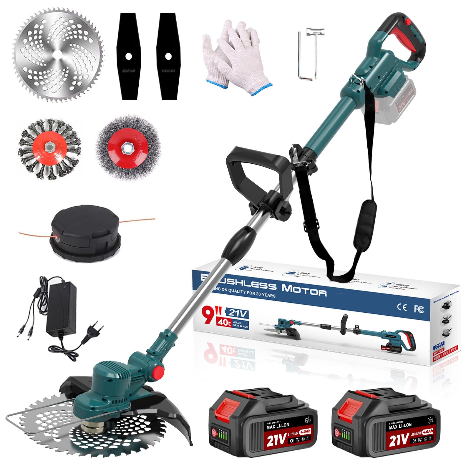 Rasentrimmer mit Akku 21V, 4 in 1 Akku Rasentrimmer für Makita Akkus, Rasentrimmer mit Unkrautbürste, Freischneider & Motorsense inkl.TAP-N'-GO Fadenkopf, 2 X 4.0Ah Akkus, 750W Bürstenloser Motor