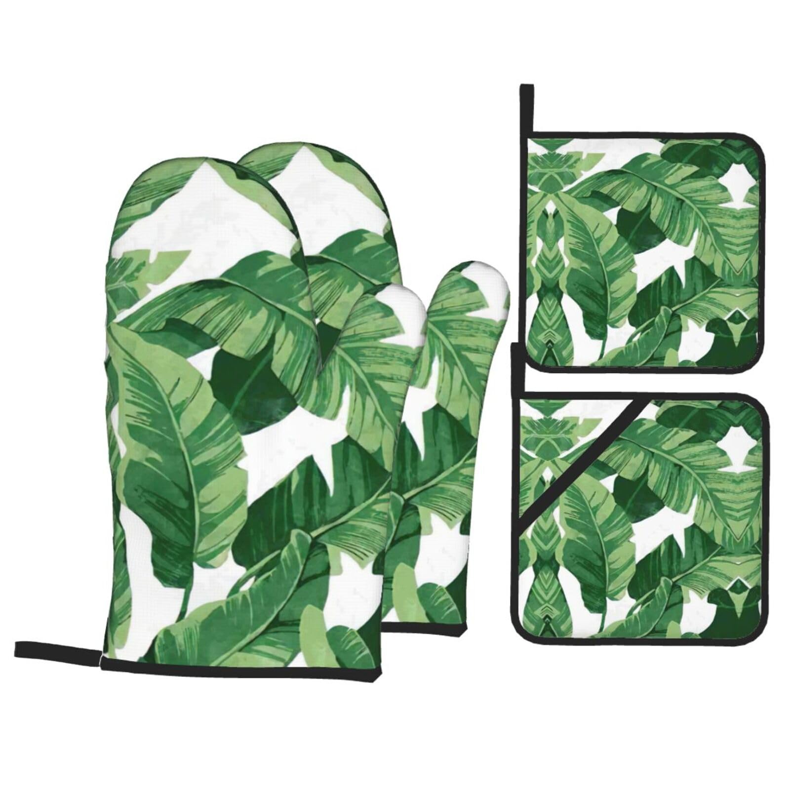 Cute green palm leaves Print Oven Microwaving Waterproof Kitchen Gloves for Baking Grilling Holiday Cooking