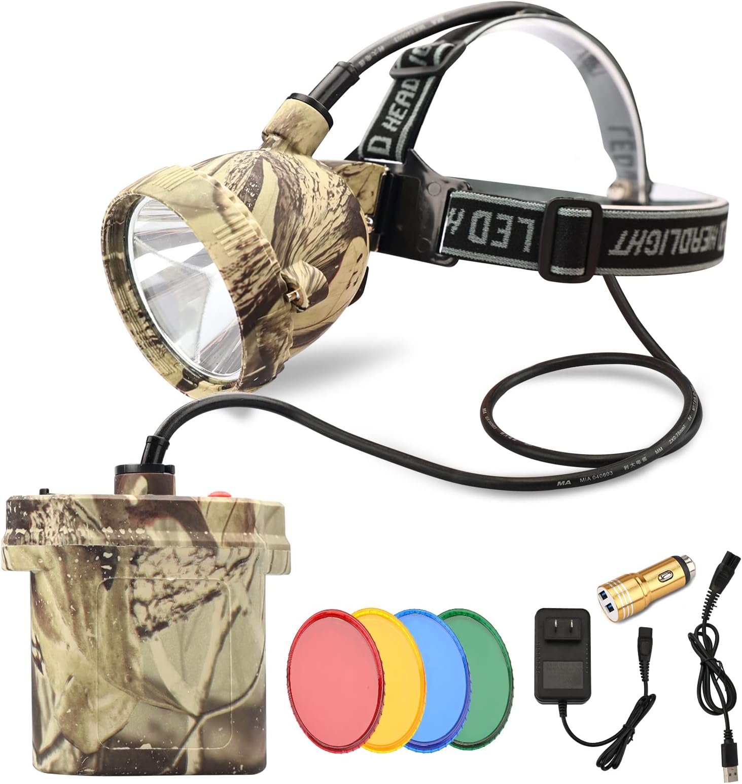 Camo Coon Hunting Lights Headlamp for Coyotes Hog Predators, Rechargeable & Waterproof, 6 Lighting Modes, 4 Powerful LEDs (White Red Green Amber) Night Working