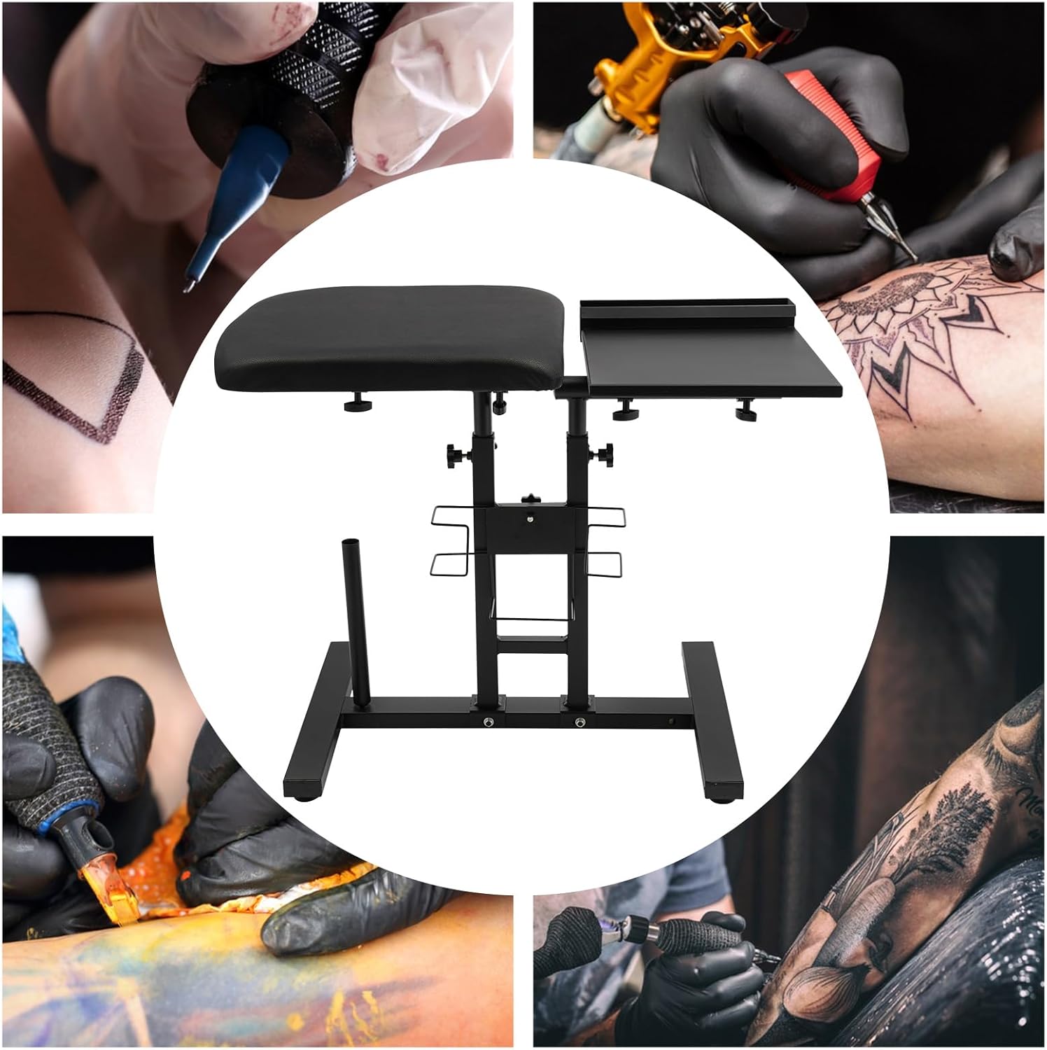 Oversized Arm Rest Stand with Workbench, Adjustable Height Tattoo Armrest Table with 360° Rotating Workbench, Heavy-Duty Foldable Artist Station with Storage Shelf for Tattoo, Massage, and Salon