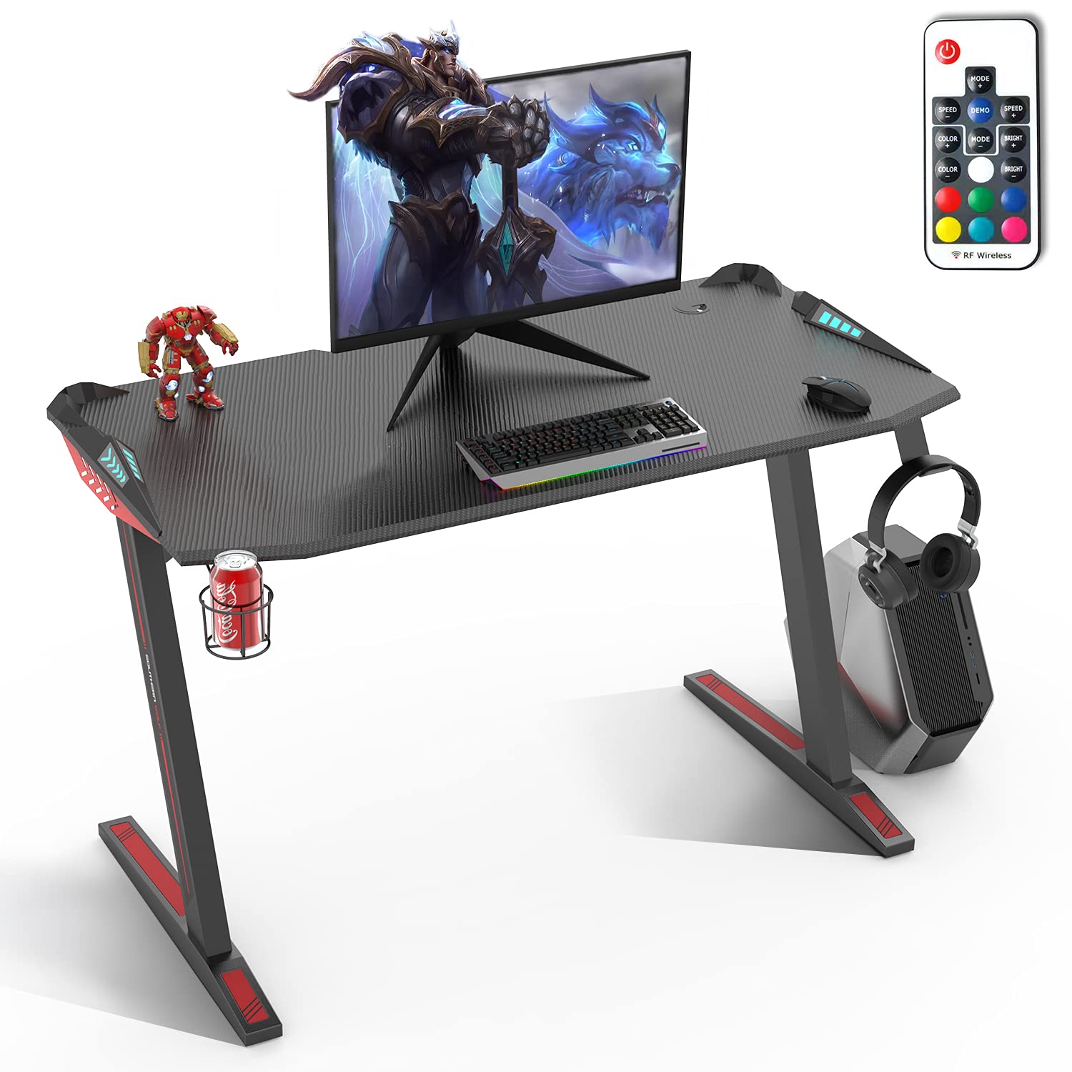 SOUTHERN WOLF Gaming Desk, 47" Ergonomic Home Computer Game Office Desk with Cup Holder & Headphone Hook, Z Shaped Professional Gamer Workstation Table with Carbon Fiber Coated(120x60cm)