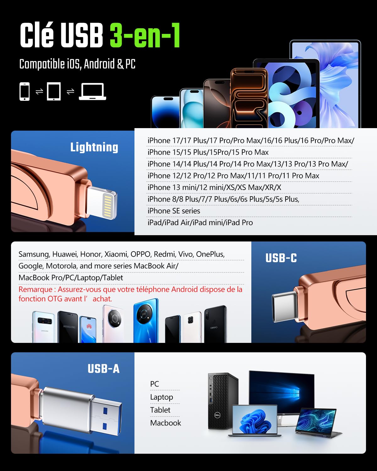 [sans App] MFi Cle USB 512 Go pour iPhone,Clé USB C,Lightning,USB 3.0,Rose | 3 en1 Clef USB pour iPhone,iPad,Android OTG Smartphone,Mac,PC, Stockage Externe Flash Drive Transfert Photos,Vidéos,Données,