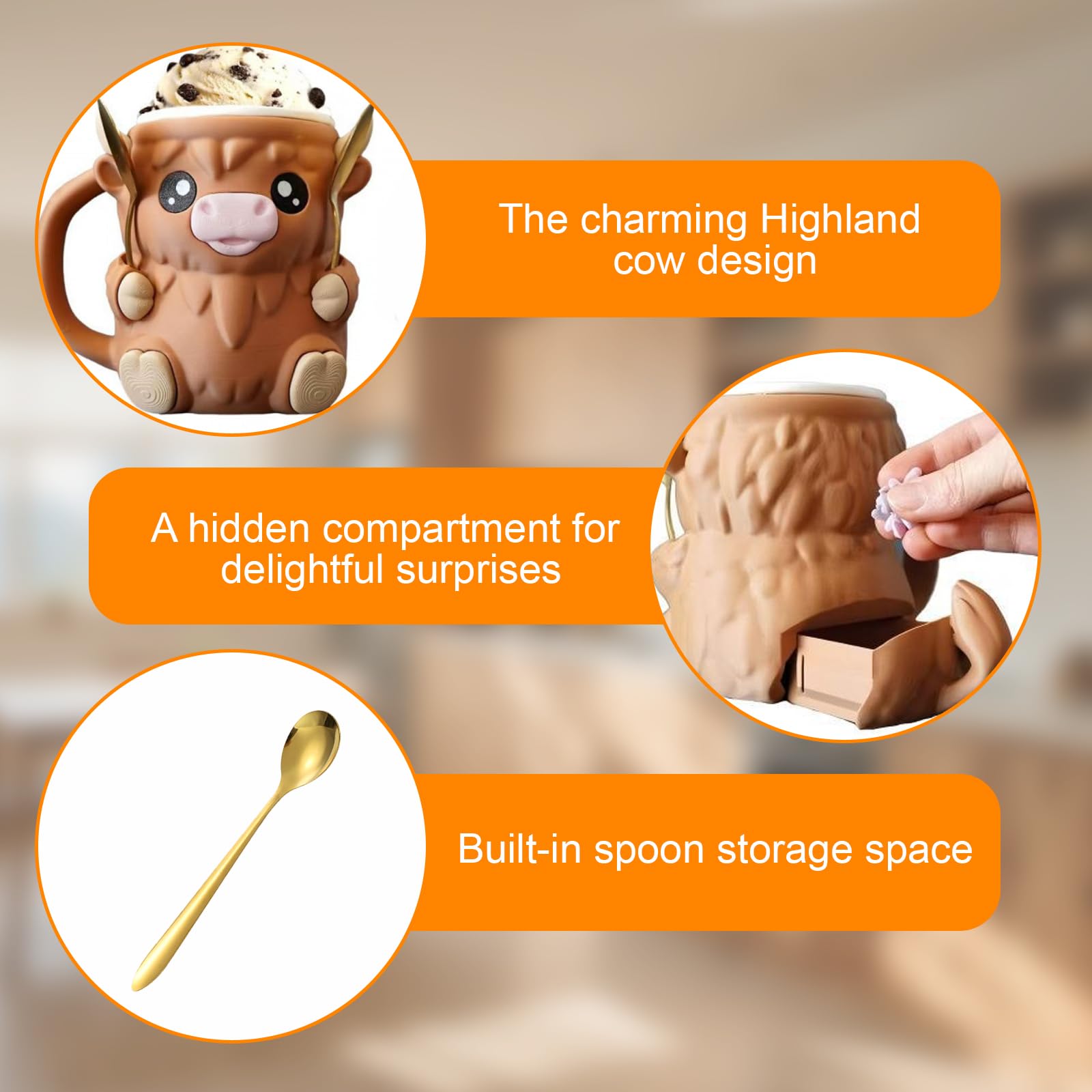 Porta Gelato Highland Cow con Cassetto Segreto, Supporto per Pinta di Gelato & Decorazione, Include 2 Cucchiai, Ideale per Casa, Picnic, Festa & Campeggio