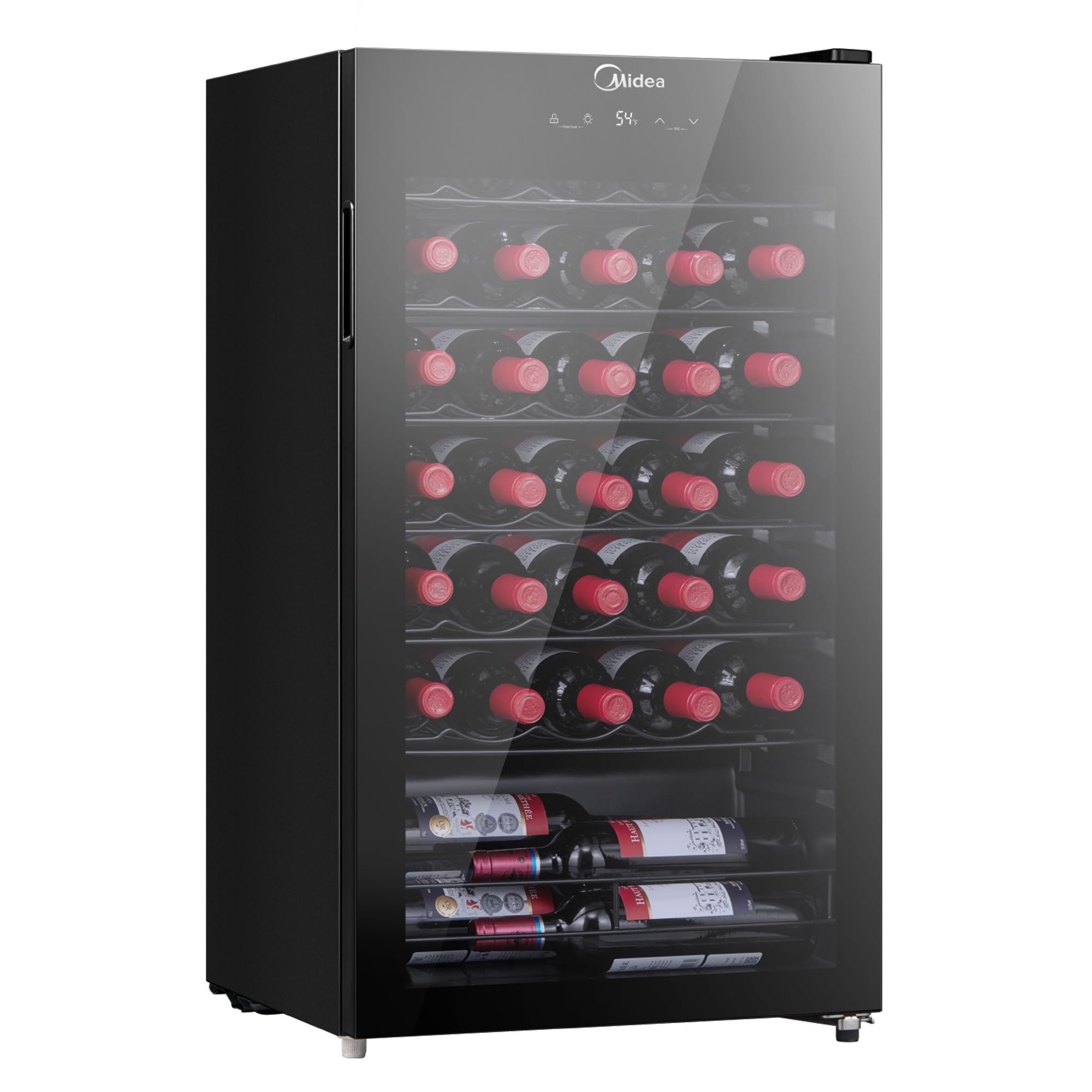 Midea Vinoteca MDRW150FGG22, 34 botellas, 1 zona 5 ℃-18 ℃, pantalla táctil, silenciosa 40 dB, cristal anti-UV, LED 3D, instalación libre, 47 x 44 x 84,5 cm, negro