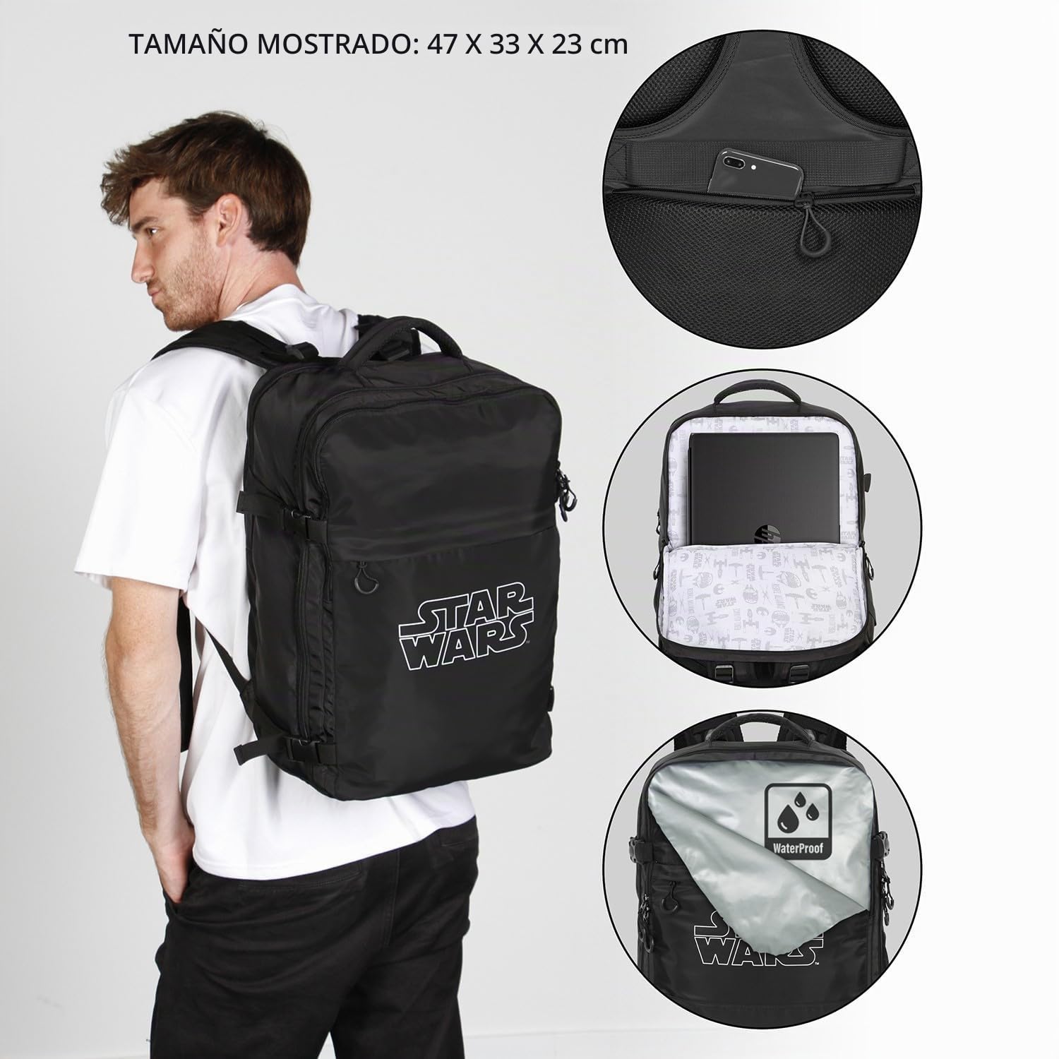 Star Wars Logo-Mochila Mercury Viaje Cabina Avión 40x20x25cm, Negro, Capacidad 20 L