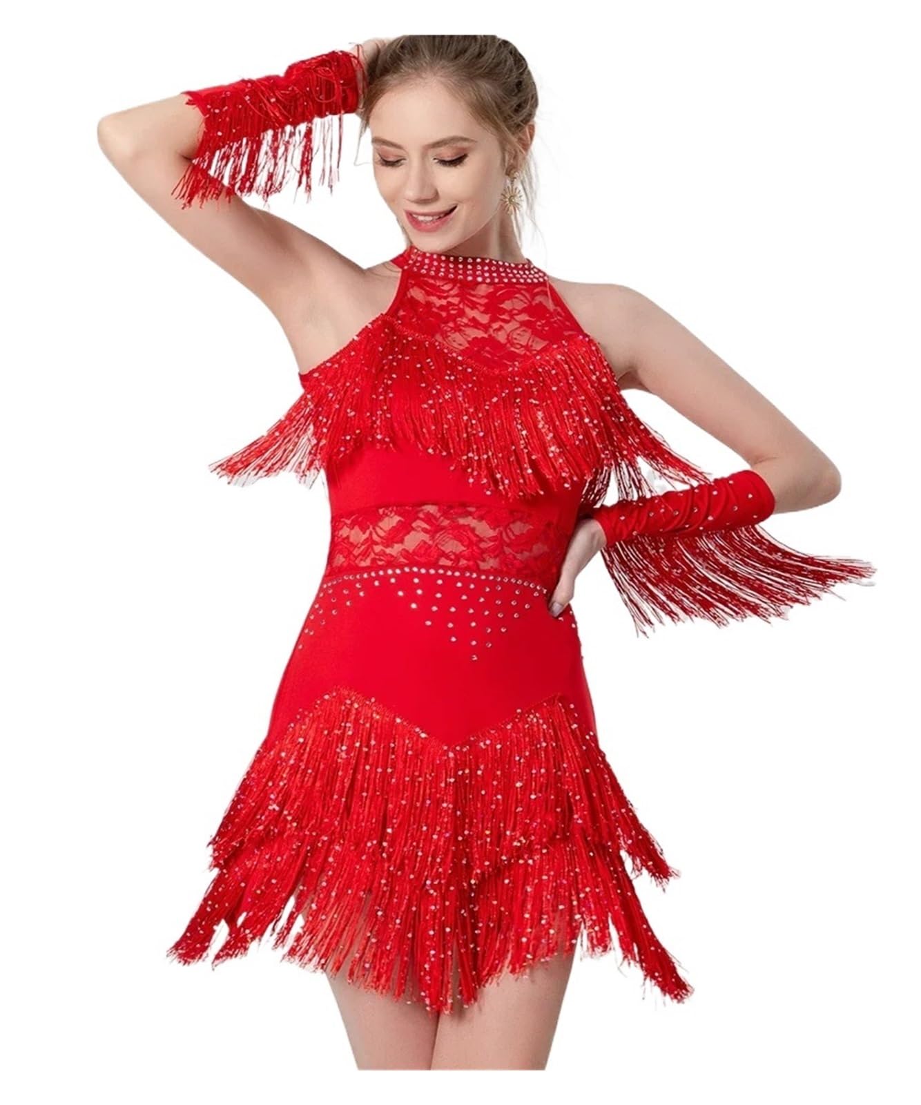 Lateinische Tanzkleidung Frauen Strass Spitze Latin Kleid Fransen Rock Ballsaal Salsa Samba Rumba Dancewear Party Bühne Kleidung Anzug und Armband(Red,M)