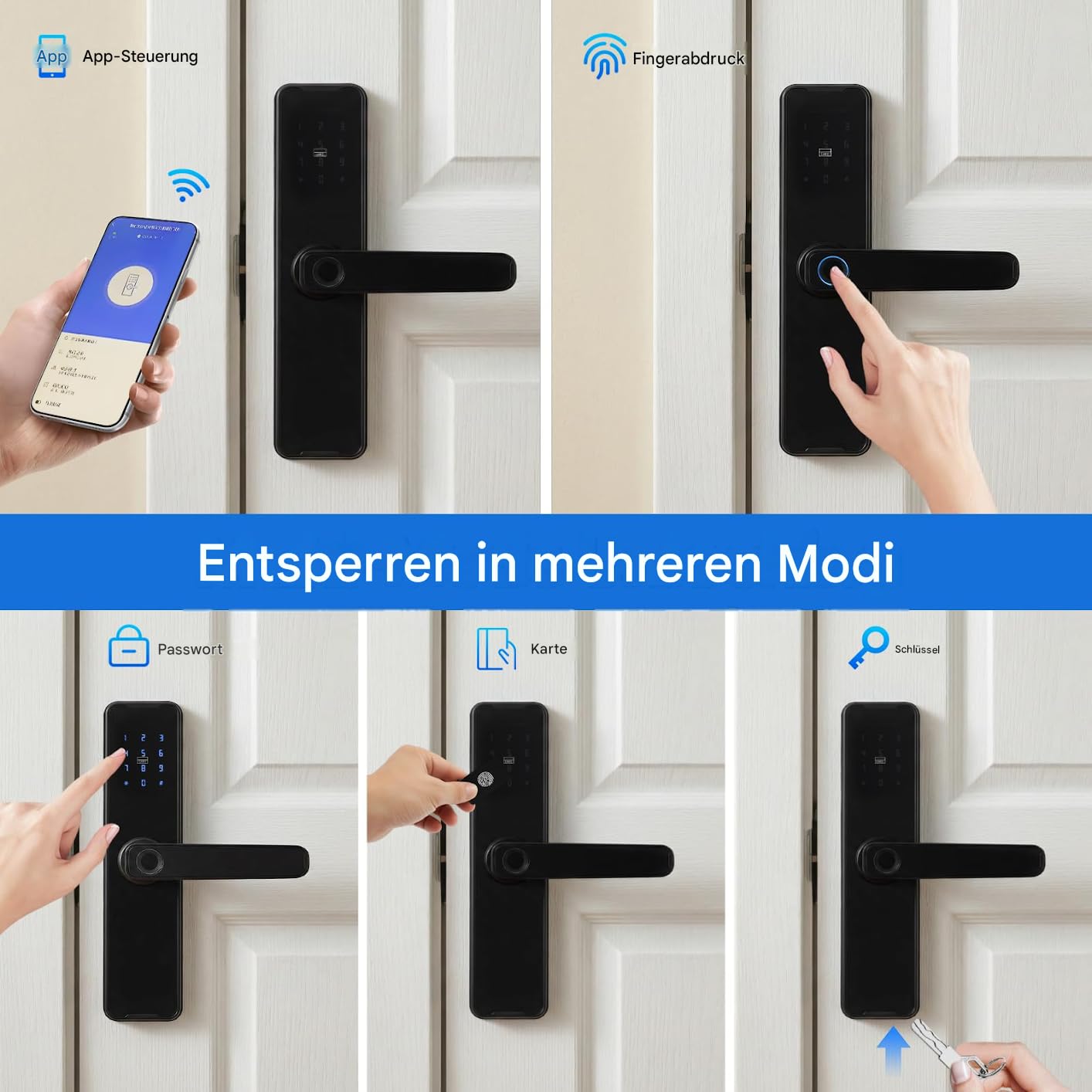 Serratura per porta intelligente 5 in 1 - Serratura elettronica intelligente con impronta digitale + codice + carta + chiave + password temporanea - Controllo tramite app Tuya - Per porte da 30 a 50