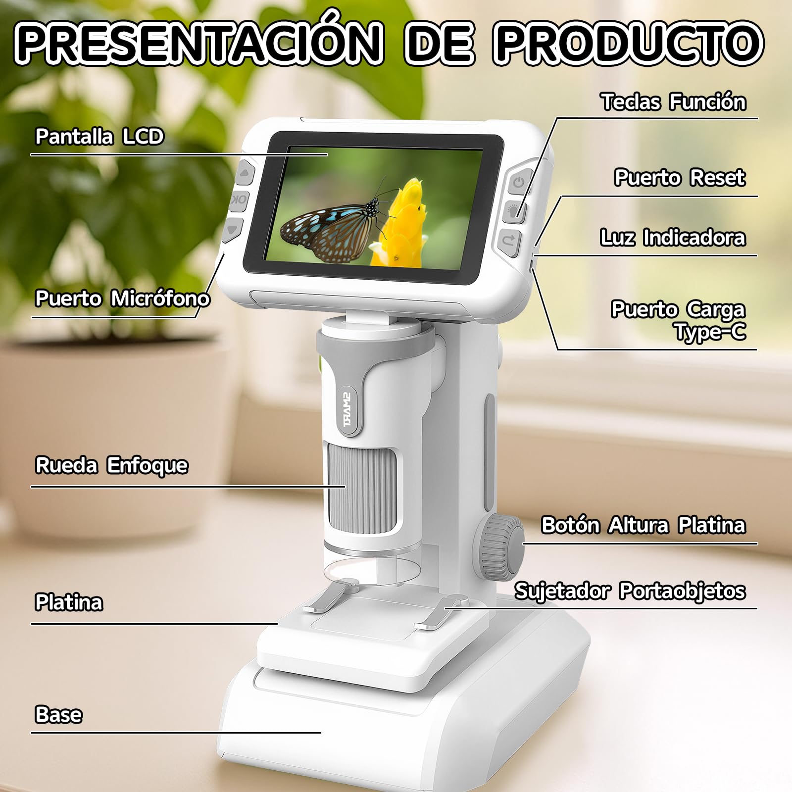 Charmofun Microscopio para Niños, Microscopio Portátil Niños con Tarjeta de Memoria de 64G, Microscopios Digital Infantil con Pantalla LCD de 4", Aumento 1600X, Fotos y Videos, Función Portátil y Fija