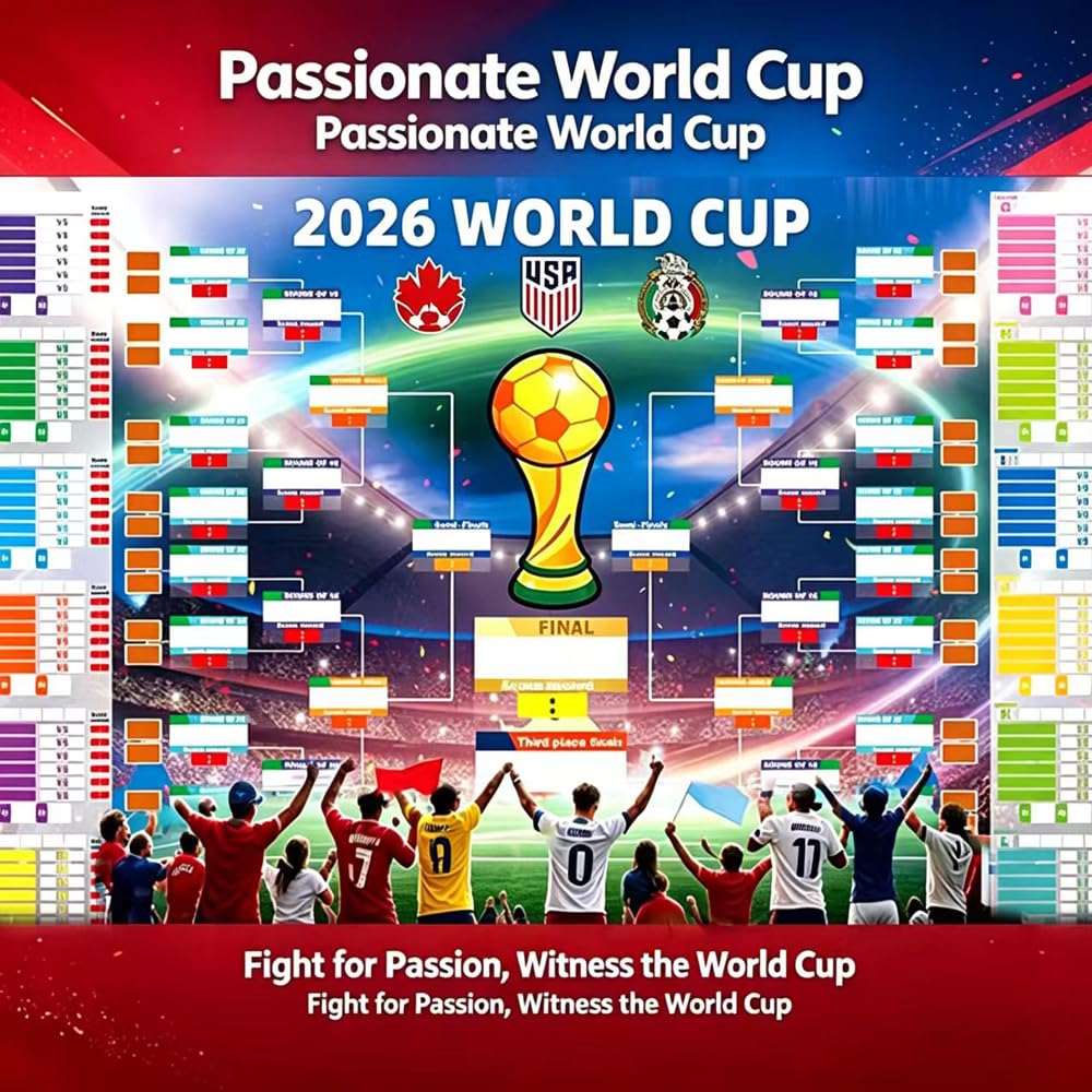Poster 2026 con 2 penne, pianificatore di calcio, 84 x 60 cm, pianificazione del mondo 2026, poster per decorazione, contiene 48 squadre di gruppo Knockout e finale, tutti i risultati dei giochi