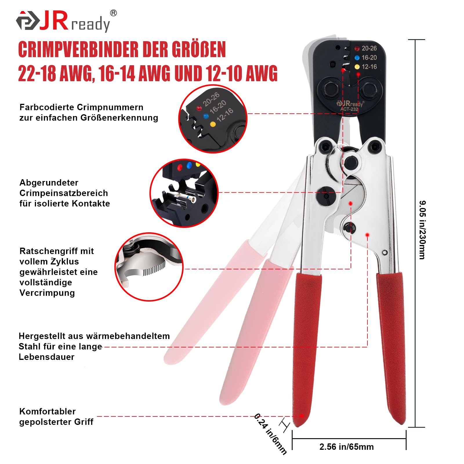 JRready ST6493-010 - Set di giunture termoretraibili con pinza crimpatrice ACT-232 (M22520/37-1 equivalente) G411 Go-No Gauge 12# 16# 20# Butt Splice connettore con tubi termoretraibili in PVDF/PE