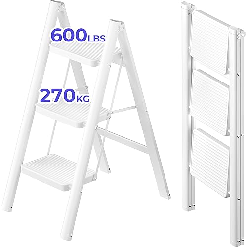 JOISCOPE 3 Step Ladder,Lightweight Folding Step Stool with Anti-Slip Pedal,600 lbs Portable Sturdy Steel Ladder for Adults,Multi Purpose Folding Ladder for Home Kitchen Office,Space Saving, White