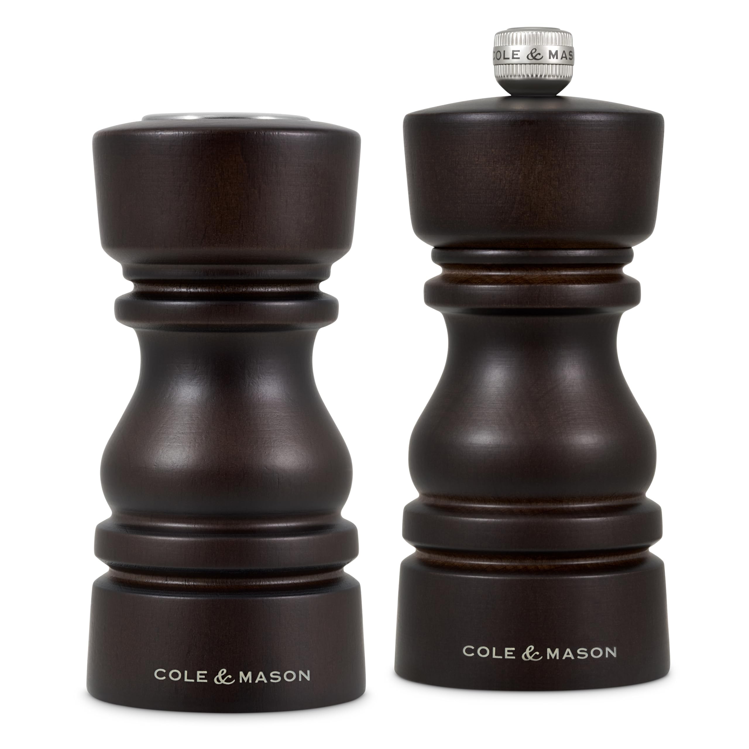 Cole & Mason London Salt and Pepper Shaker & Mill Gift Set, 13cm Chocolate Wood Grinder, Sharp Ceramic Grinding Mechanism, Includes 1x Salt Shaker 1x Pepper Grinder