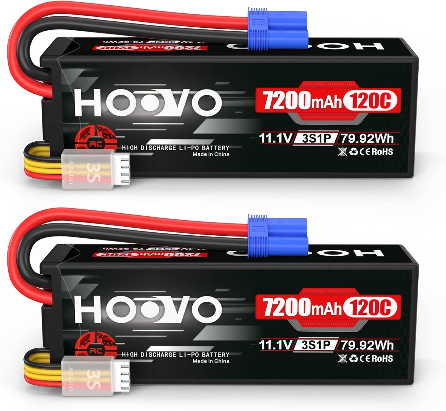 HOOVO 11.1V 120C 7200mAh 3S Lipo Battery Hard Case with EC5 Connector Compatible for RC Car Truck Buggy RC Boat Tracxas LOSI Associated Racing Hobby RC Airplane UAV Drone (2 Packs)