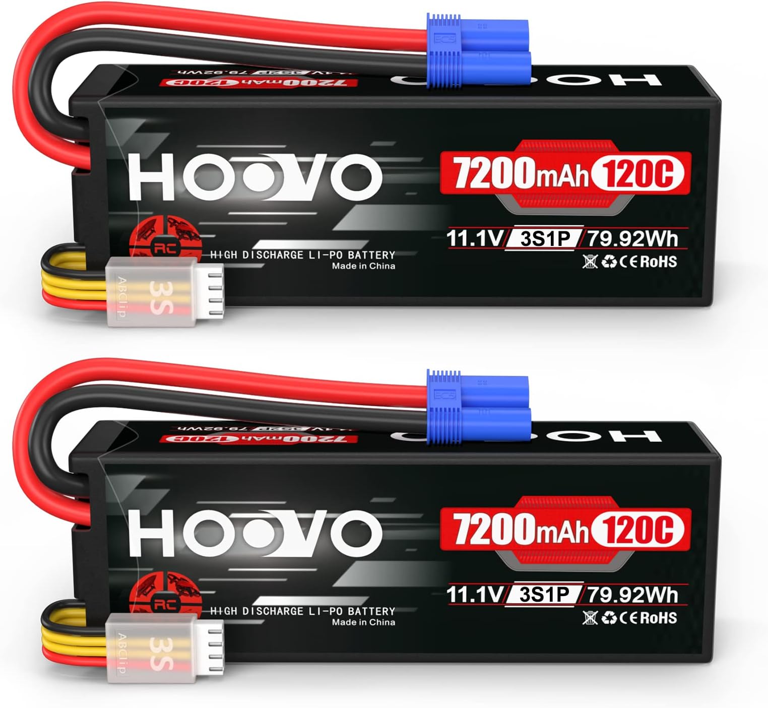 HOOVO 11.1V 120C 7200mAh 3S Lipo Battery Hard Case with EC5 Connector Compatible for RC Car Truck Buggy RC Boat Tracxas LOSI Associated Racing Hobby RC Airplane UAV Drone (2 Packs)
