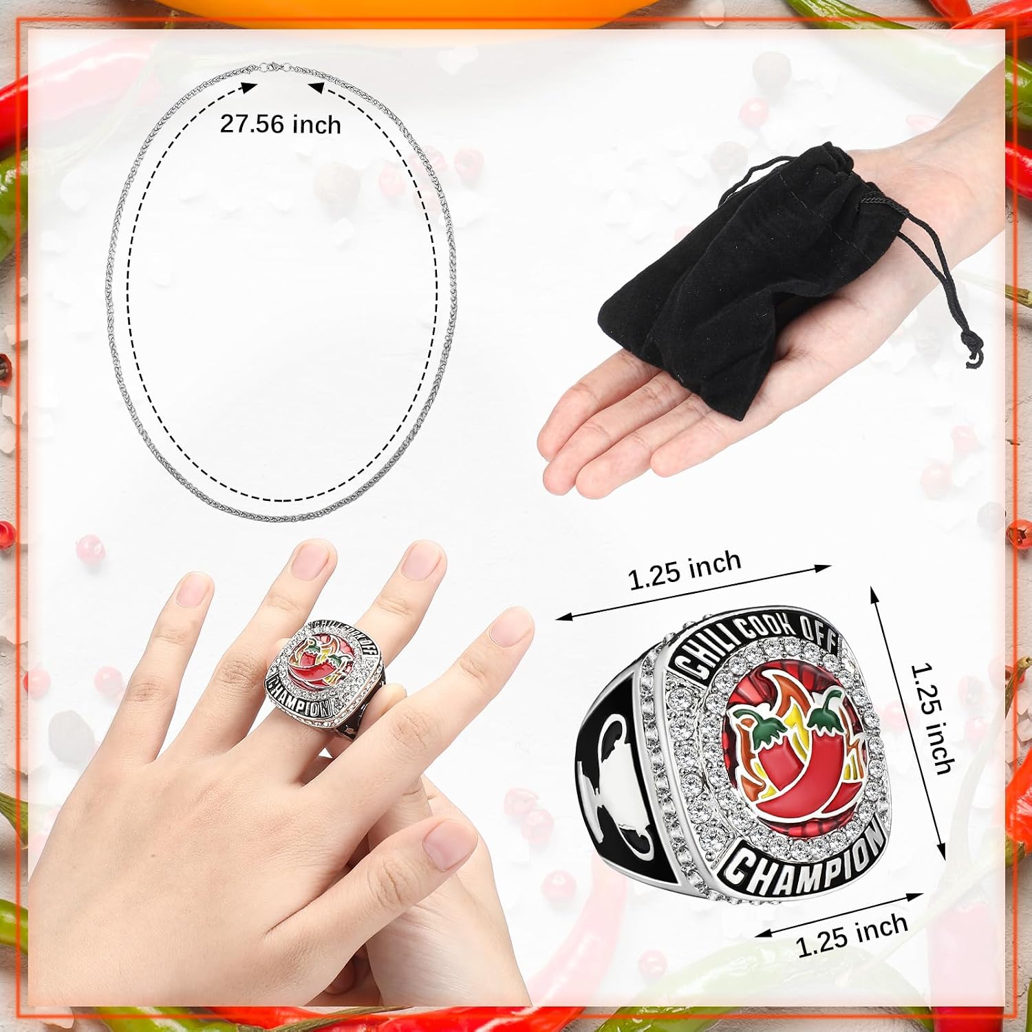 Huquary Chili Cook Off Championship Trophy Ring with Chain Chili Cook Off Champion Ring Award Place Medal Etched on Side Champ Prizes for Events Winner Gift