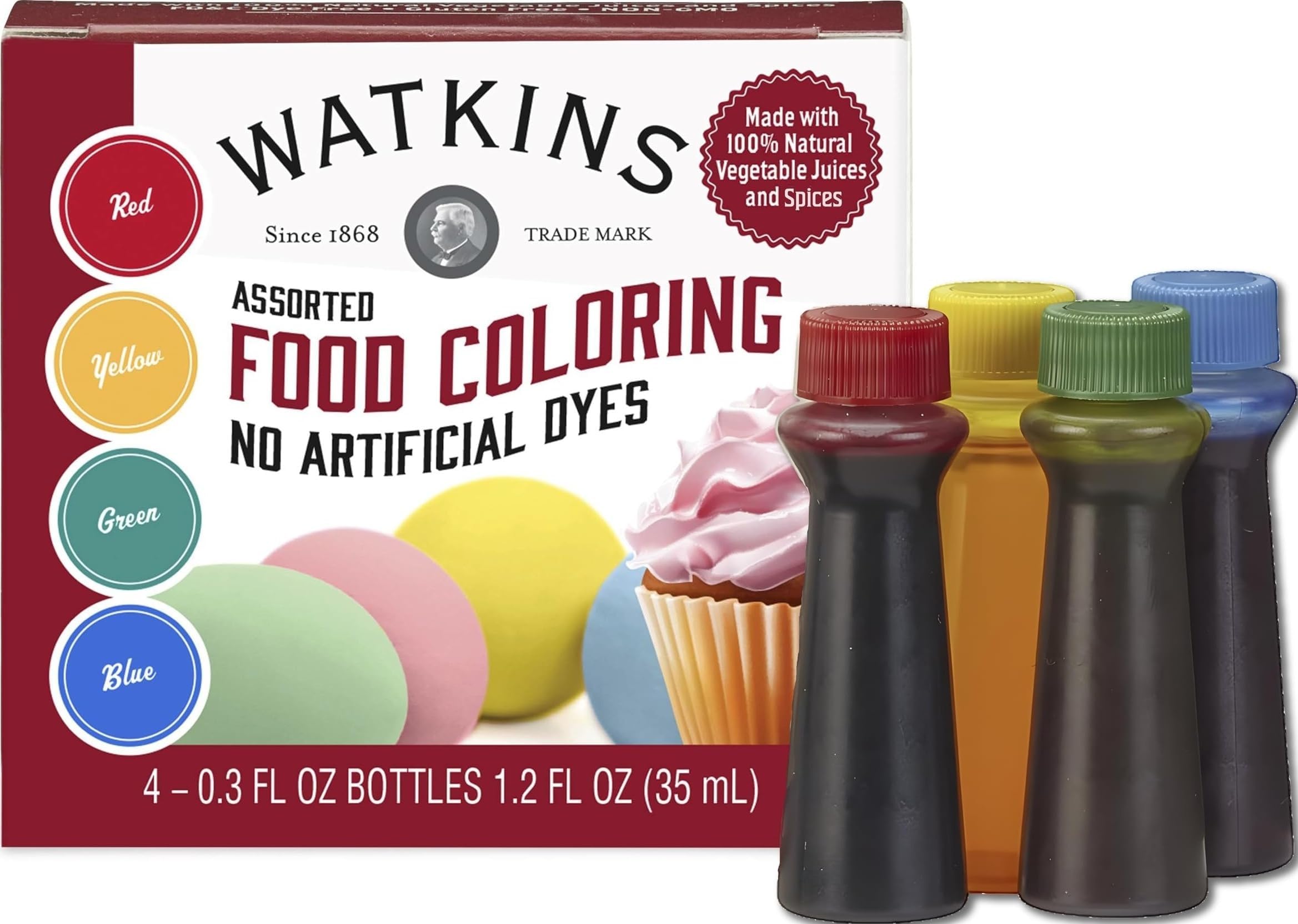 Watkins Assorted Food Coloring, 1 Each Red, Yellow, Green, Blue, Total Four 0.3 oz bottles, 4 Count (Pack of 1)