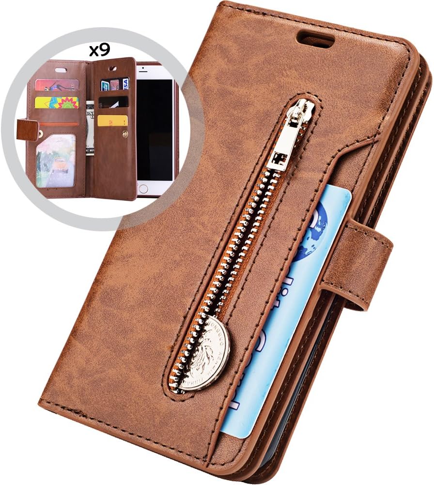 iPhone 6S Wallet Case with Strap for Women/Men,Auker iPhone 6 Trifold 9 Card Holder Folio Flip Leather Zipper Purse Case with Vintage Book Fold Kickstand Feature,Hidden Wallet&Money Pocket Brown