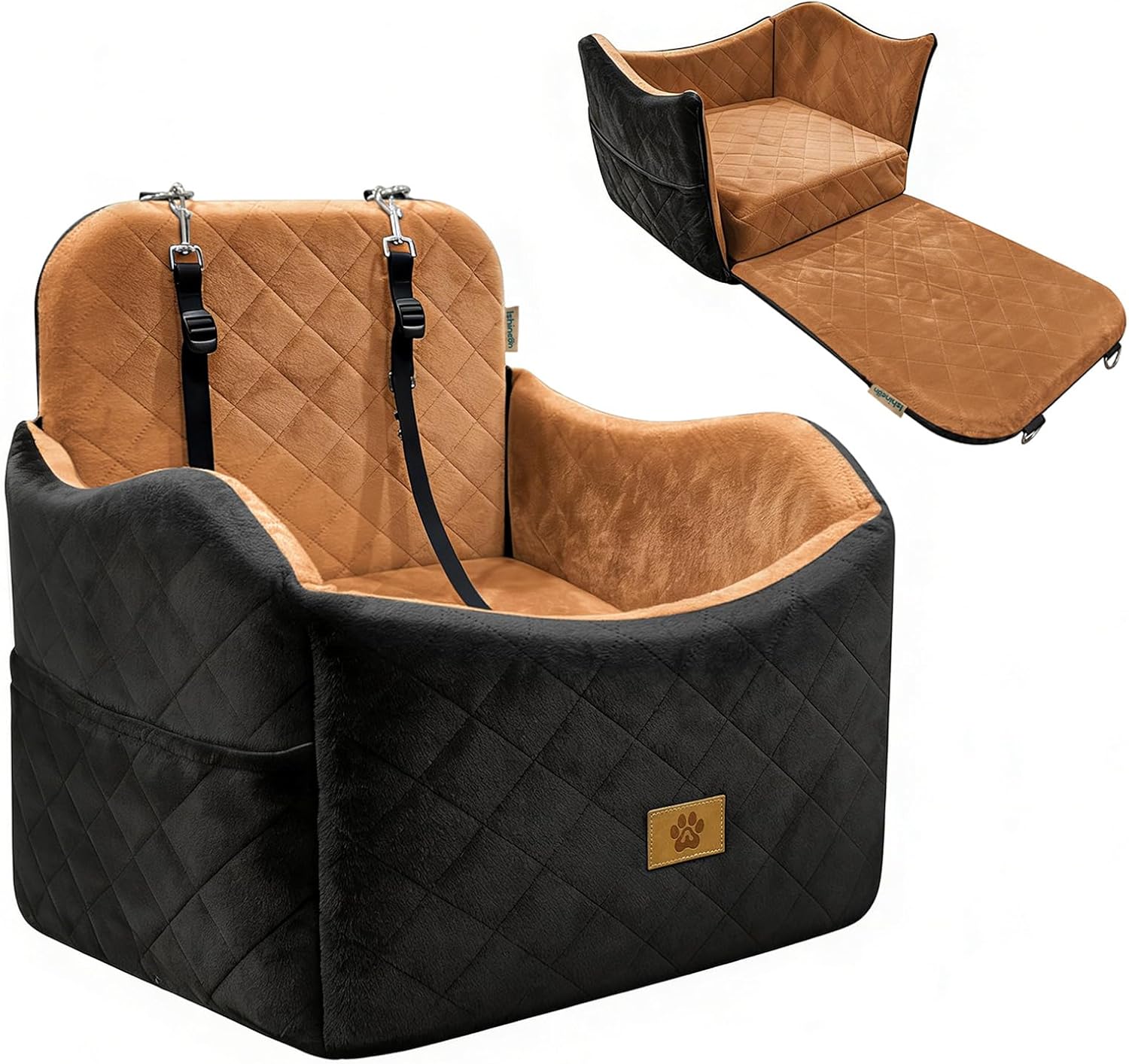 Dog Car Seat for Small/Medium Dogs Up to 35lbs, 2-in-1 Pet Car Seat with Memory Foam, Detachable Washable Dog Bed for Cars, Pet Booster Carseat with Storage Pockets Fits Front/Back Seats (Black/Brown)