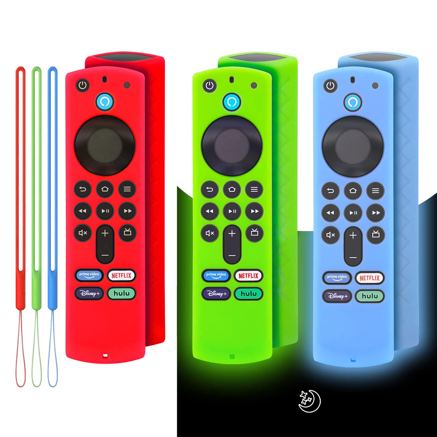 [3 Pack] Silicone Case for Firestick Remote Controller, Compatible with 2021 3nd Gen Alxea Voice Remote Control with Silicone Lanyard (Red+Glow Green/Blue)