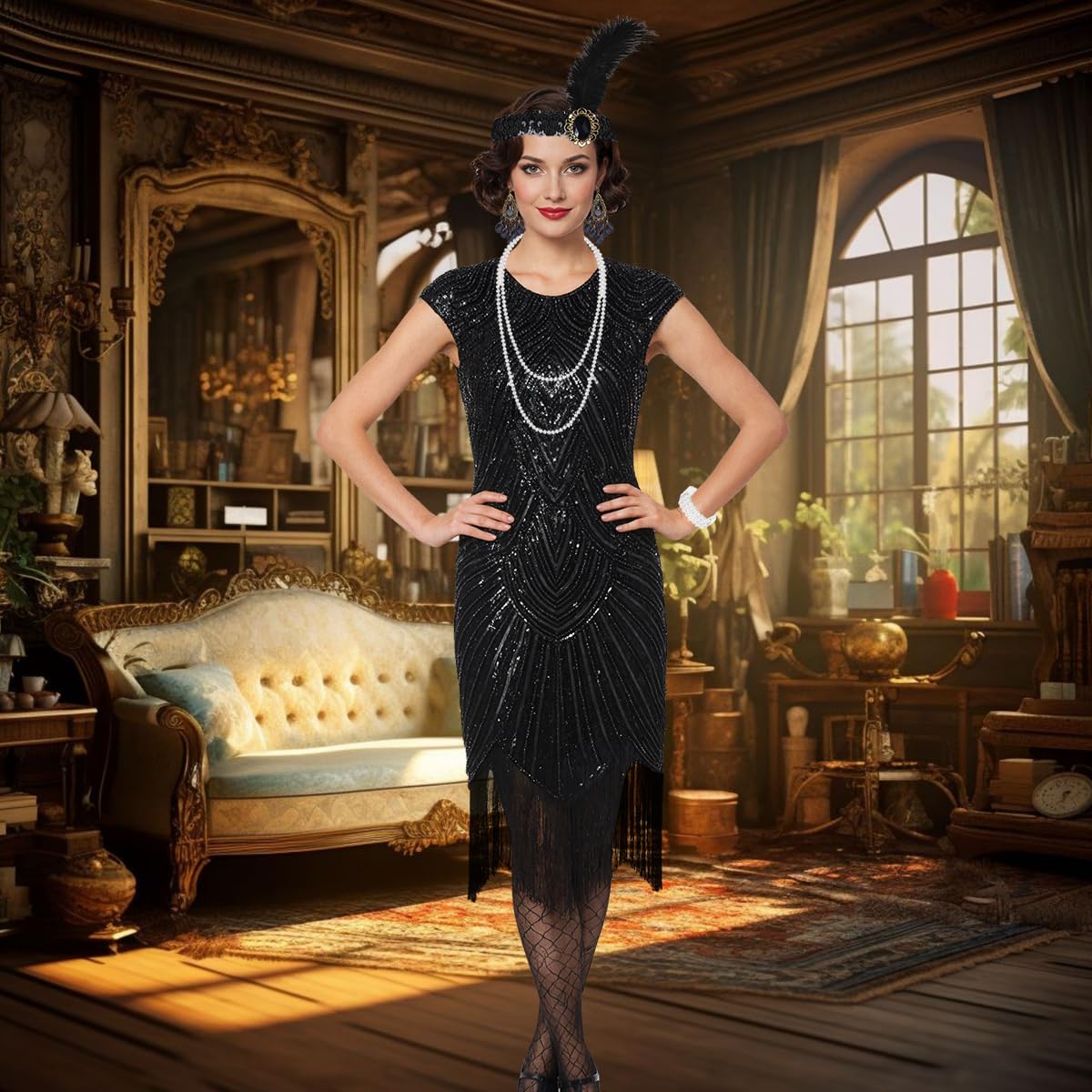 Vestido Años 20 Disfraz Años 20 Mujer, Vestido Charleston con Flecos y Lentejuelas,con Conjunto de accesorios Flapper de Los Años 20,para Carnaval, Halloween, Baile Fiesta
