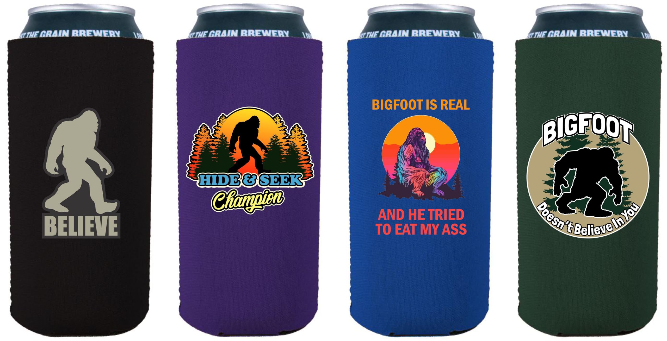 Bigfoot Funny 16oz Can Coolie Designs 4 Pack
