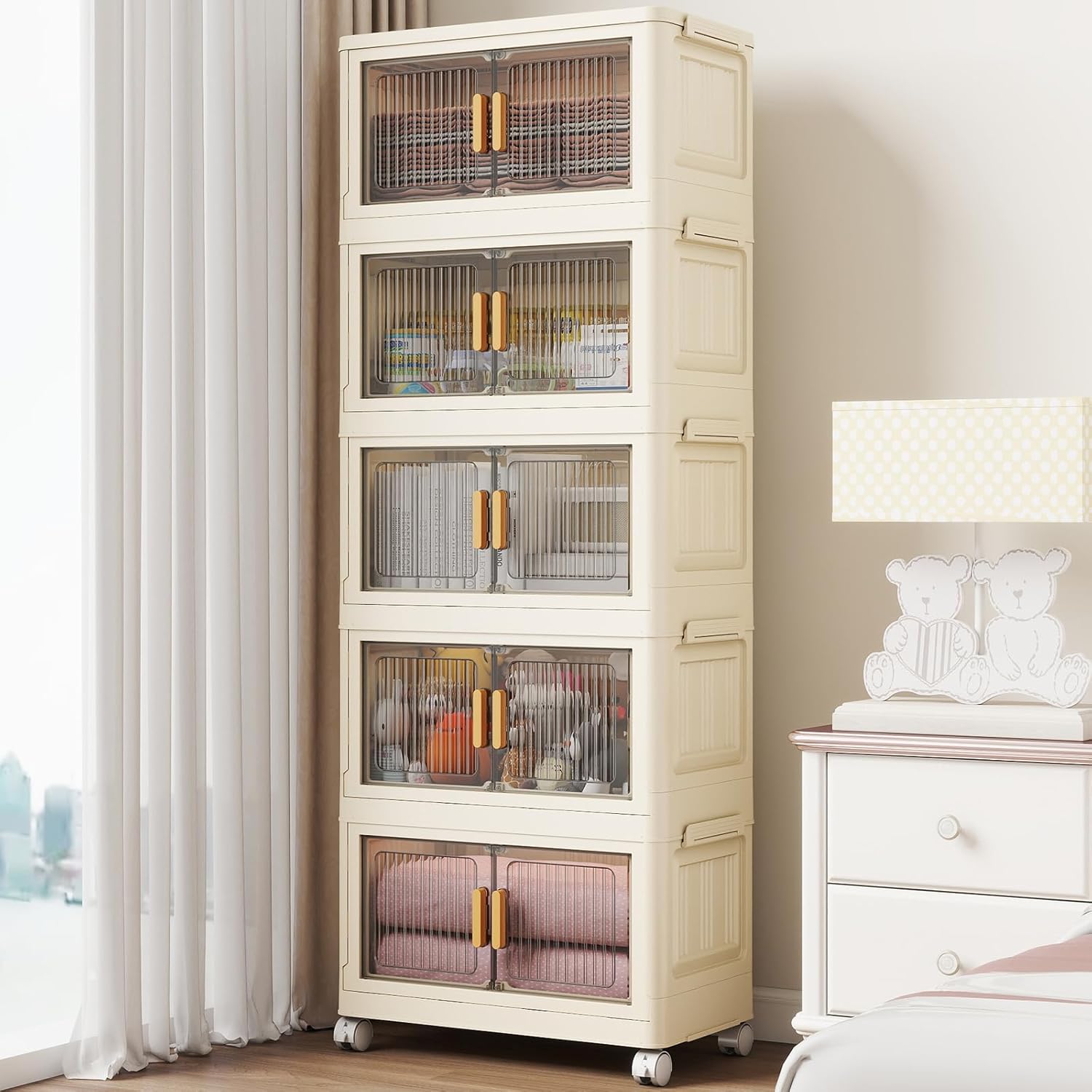 5 Tier Stackable Plastic Storage Bins with Lids 58QT, Collapsible Closet Organizers and Storage with Wheels for Living Room,Office,Dorm 74Gal-5pack