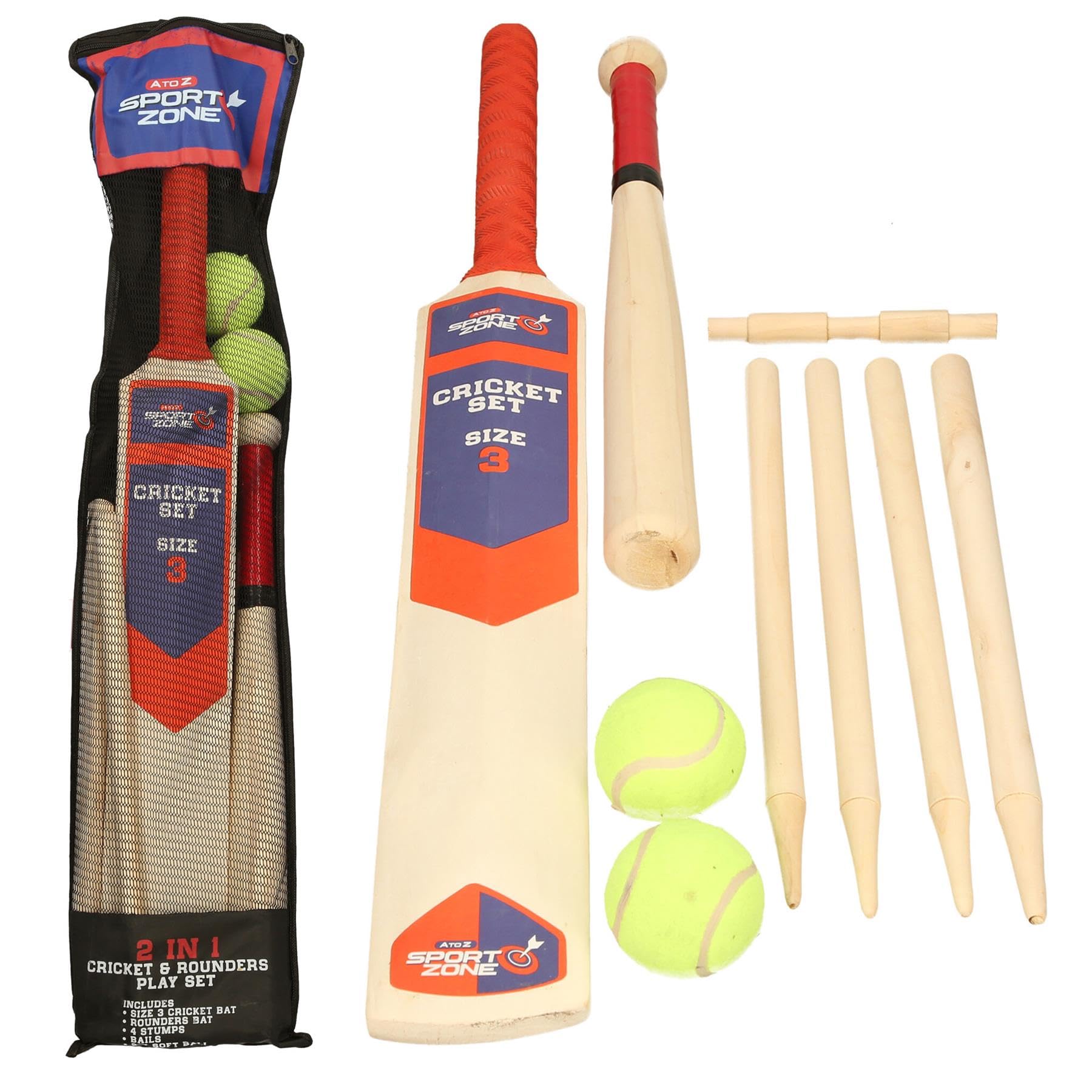 A2Z 2 In 1 Rounders & Size 3 Cricket Set Wooden Outdoor Game