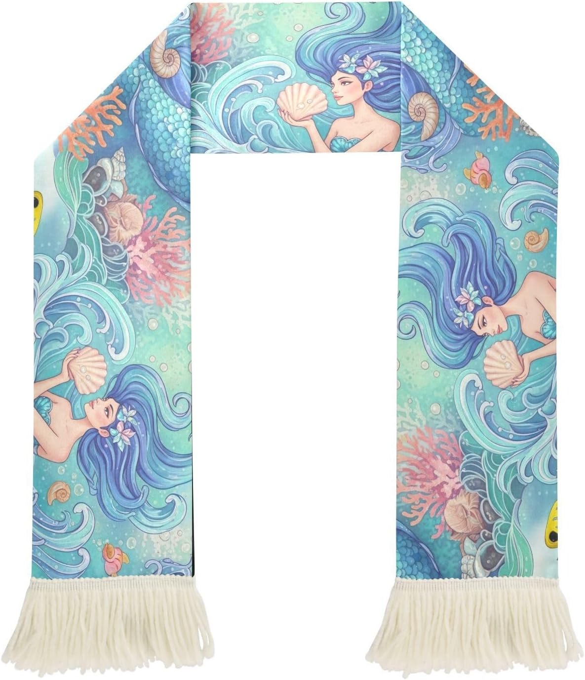 CHIFIGNO Mermaid Blue Ocean Sports Fan Scarf Towel, 100% Polyester Quick Dry Cheering Scarf for Soccer Games, Soft Fringe Ends Rally Towel
